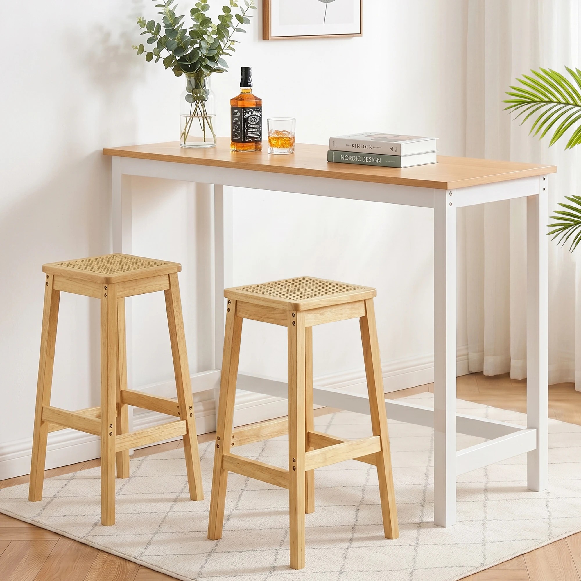 8 Artiss Bar Table and Stools Set Dining Desk Solid Wood Rattan Kitchen Chairs Cafe Pub - Natural, 8 of 9