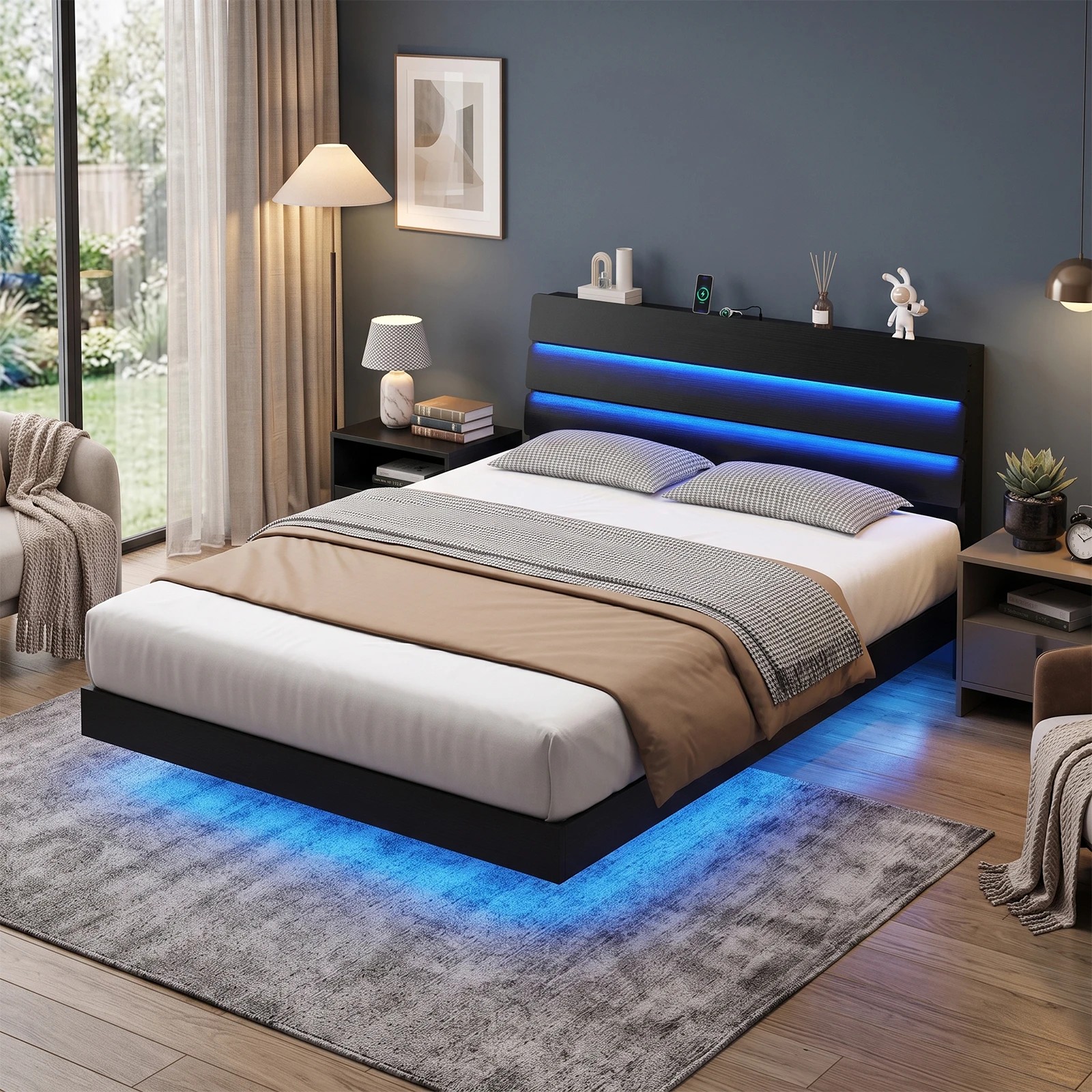 2 Advwin Double Size LED Floating Bed Frame with Tiered Storage Headboard Charging Station - Black, 2 of 8