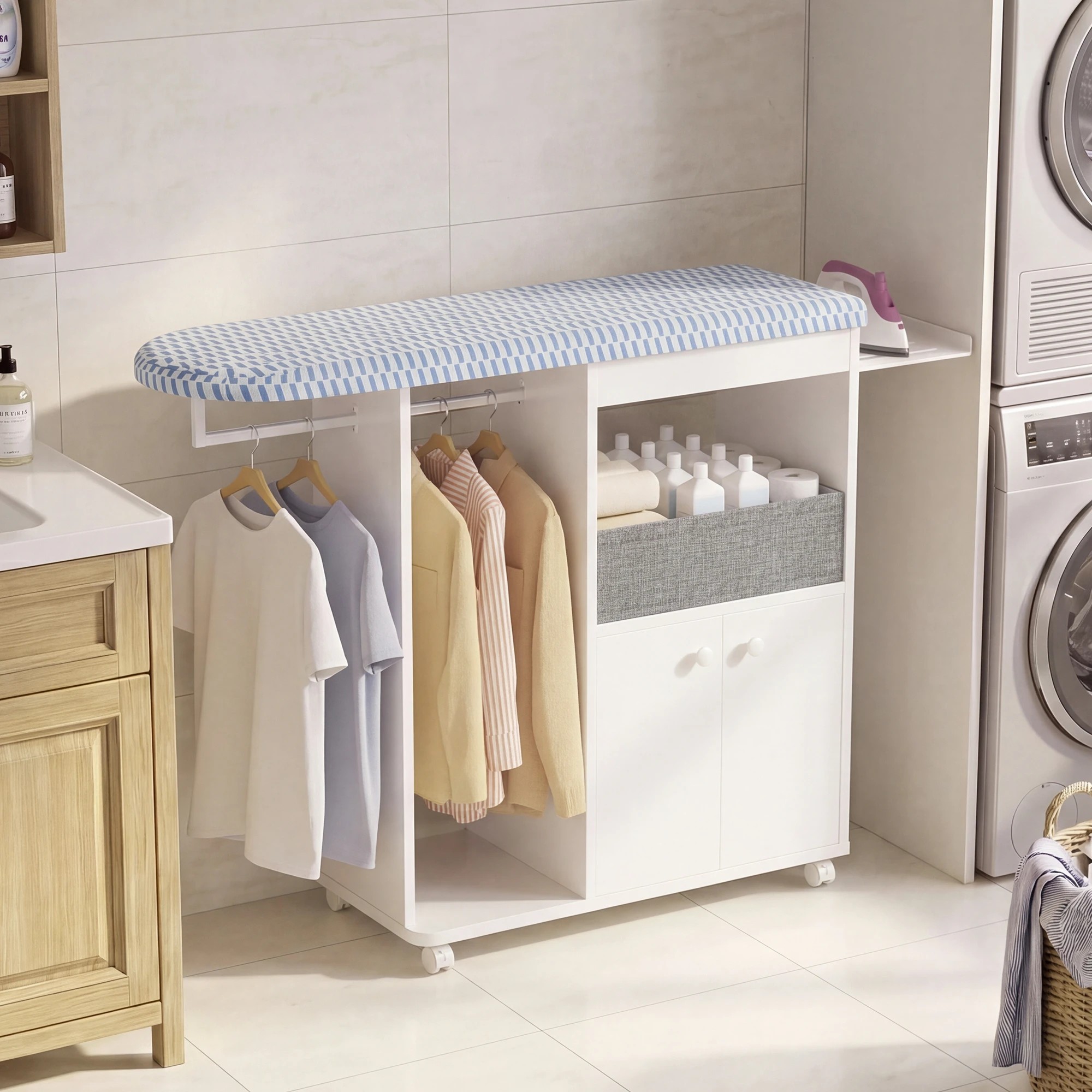 10 Advwin Ironing Board on Wheels with Storage Cabinet Iron Rack Hanger Rod Fabric Drawer - White, 10 of 10