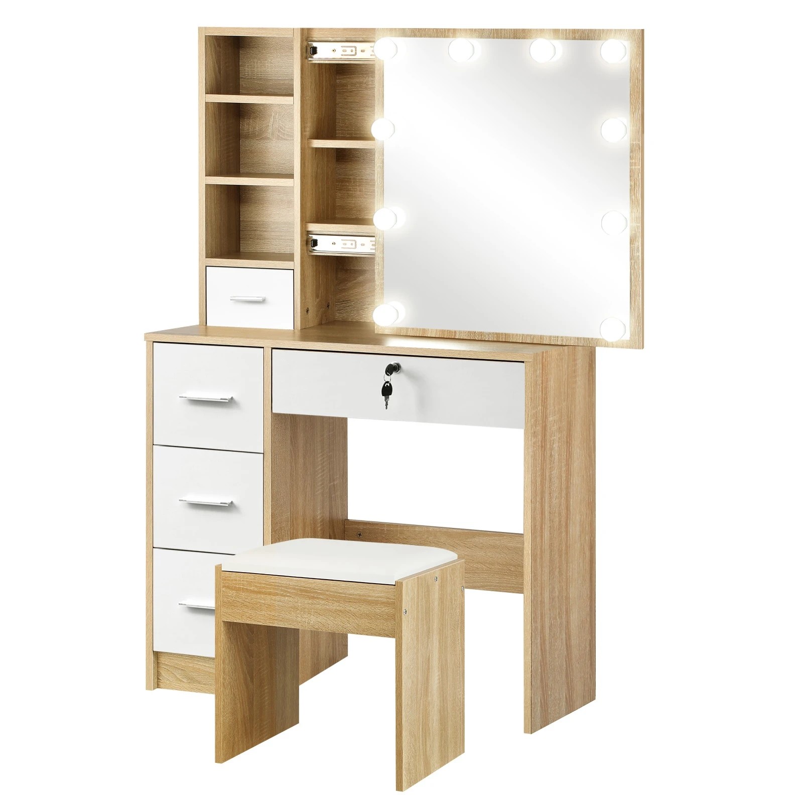 1 Oikiture Dressing Table Stool Set Slide Mirror Drawer 10 Led Bulbs
 - Multi, 1 of 9