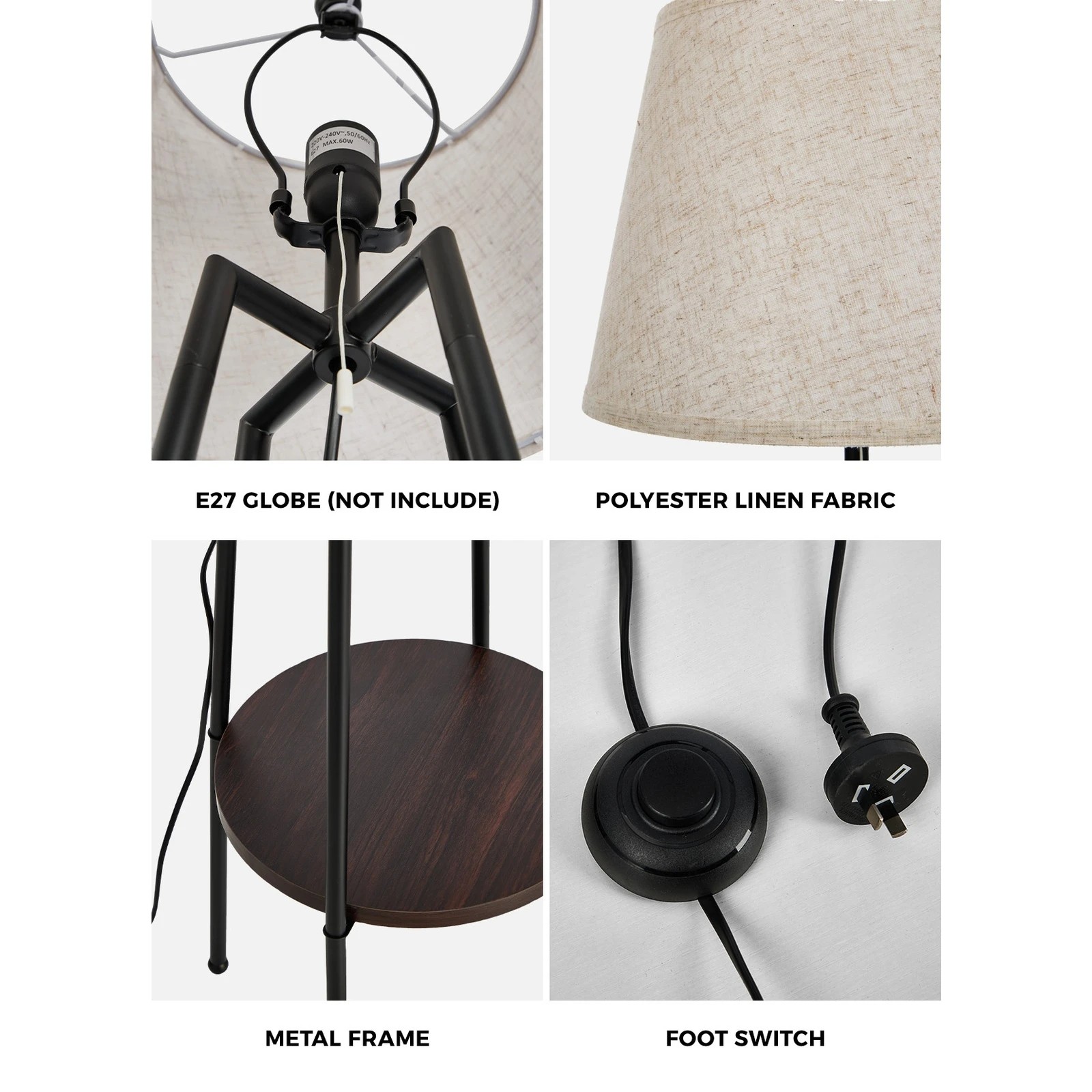 4 Oikiture Floor Lamps Fabric Shade Standing Lamp with Display Shelf - Black, 4 of 8