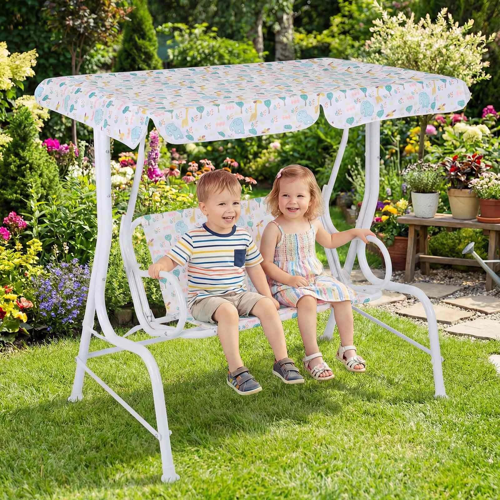 3 Costway 2-Seater Swing Bench Outdoor Hanging Swing Chair w/Adjustable Canopy & Belts - White, 3 of 3