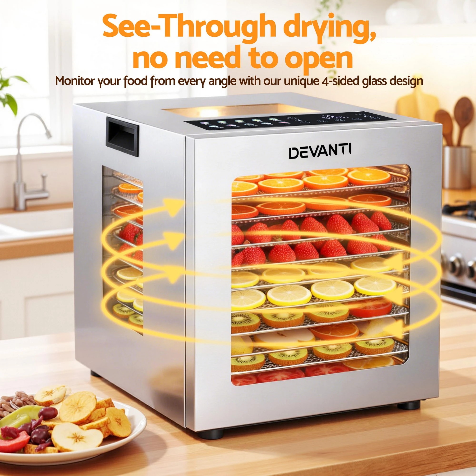 3 Devanti 10 Trays Food Dehydrator Stainless Steel Visible Glass Door - Silver, 3 of 6