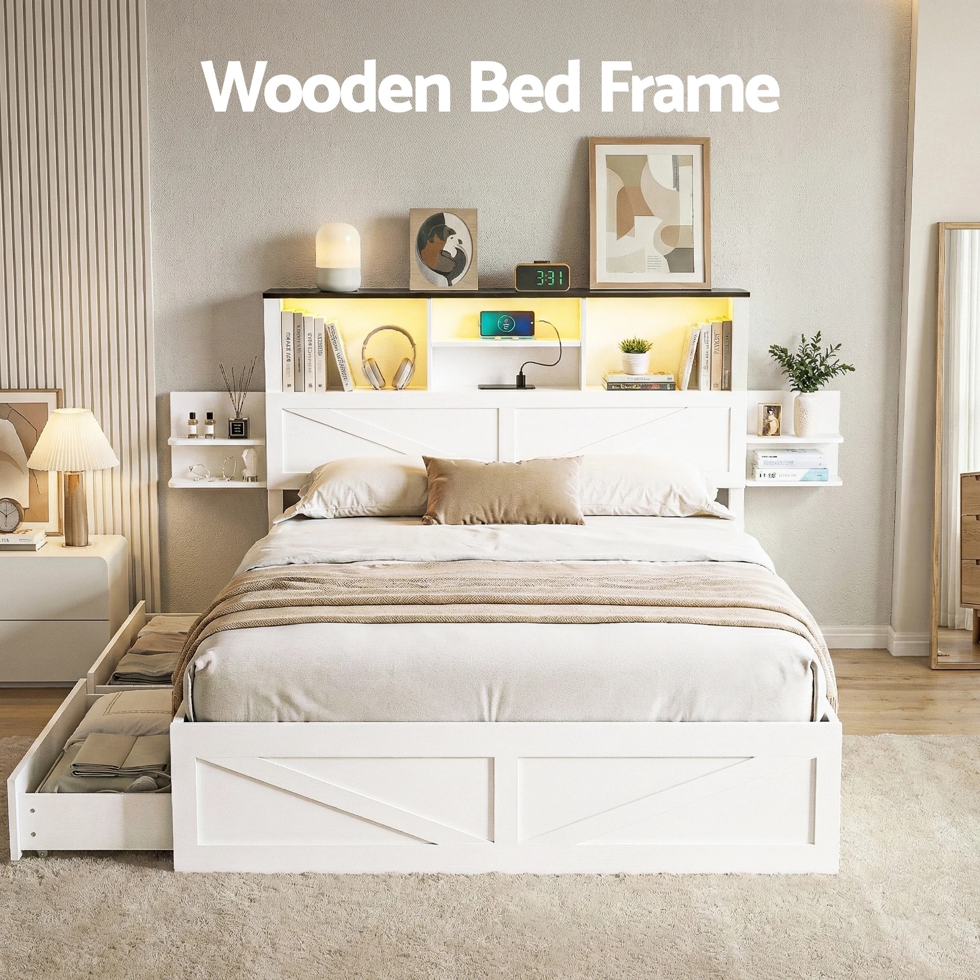 2 Artiss Double Bed Frame with Storage Drawers  Platform Bedframe with Bookcase - White, 2 of 6