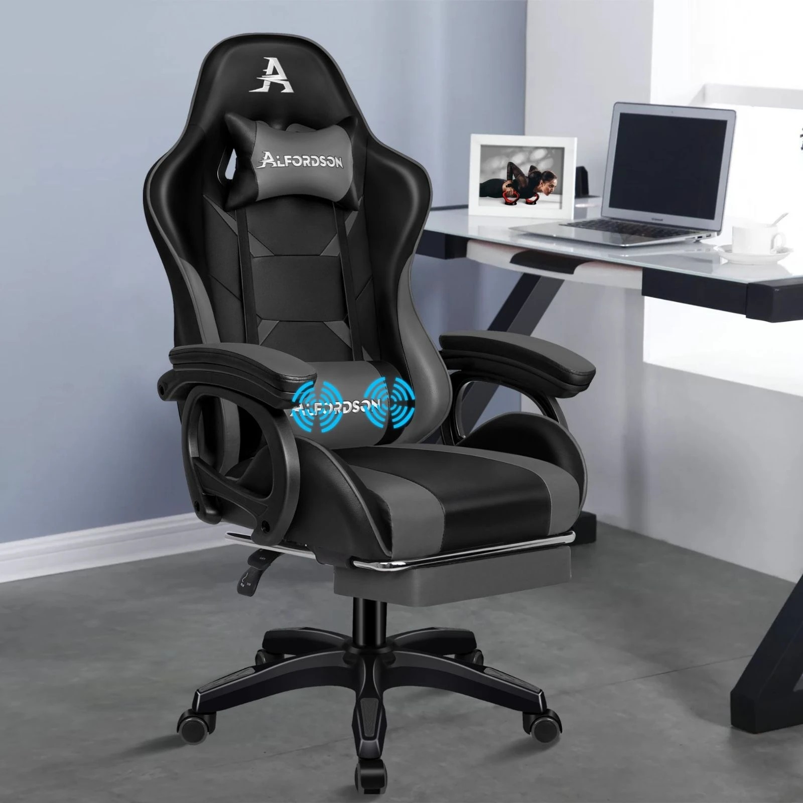 10 Alfordson Gaming Office Chair Massage Racing Computer Seat Footrest Leather - Grey, 10 of 10