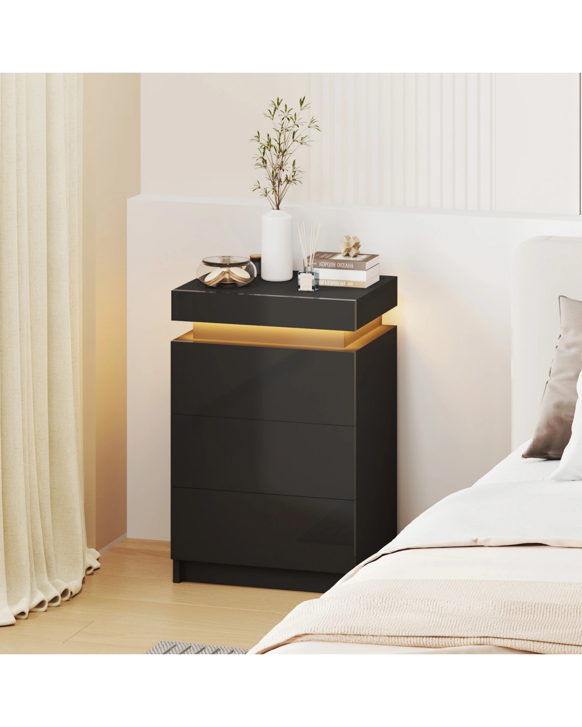 2 Advwin Led Nightstand with 3 Drawers Hidden Storage - Black, 2 of 9