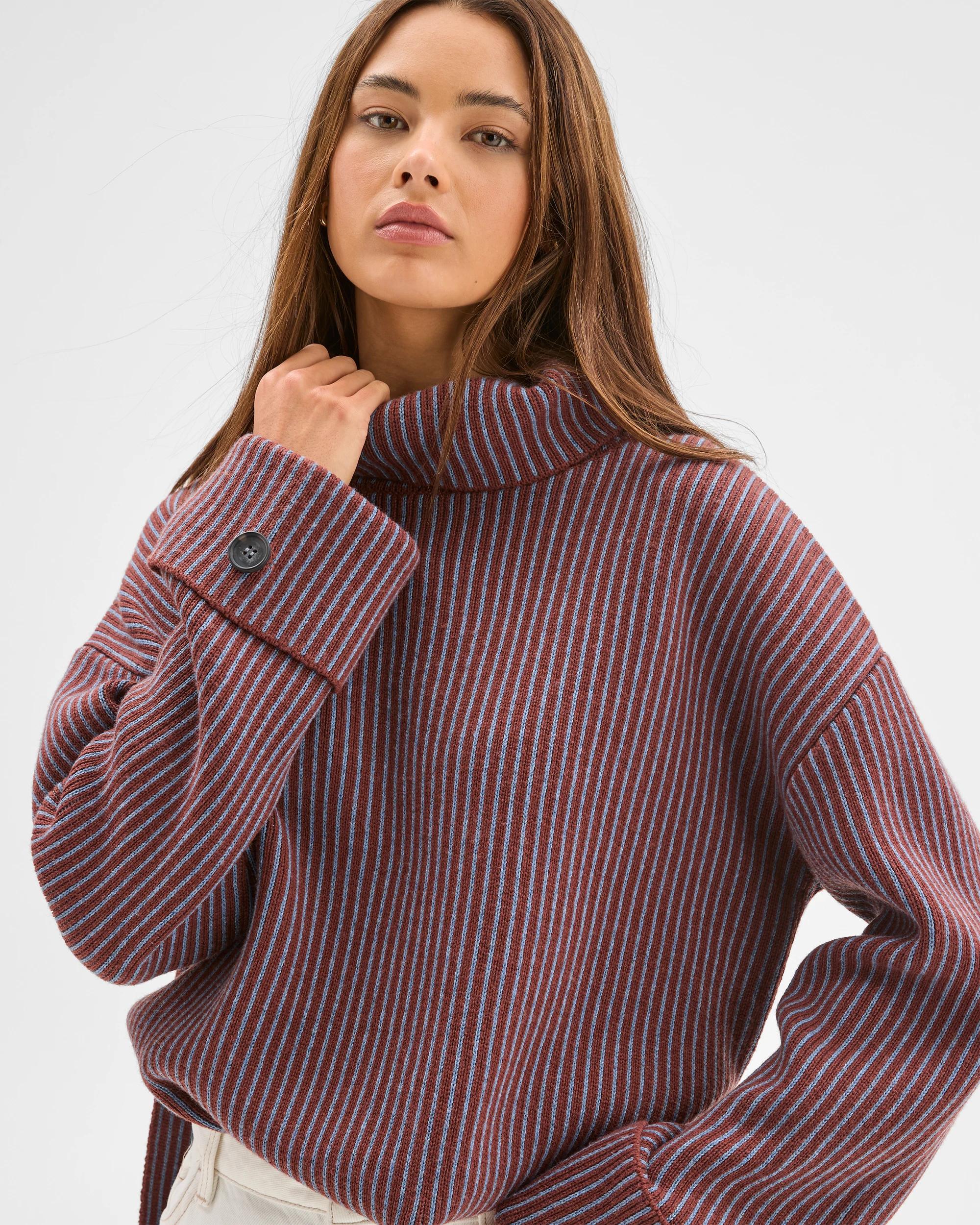 1 Lily Loves High Neck Rib Jumper MERLOT STRIPE, 1 of 5