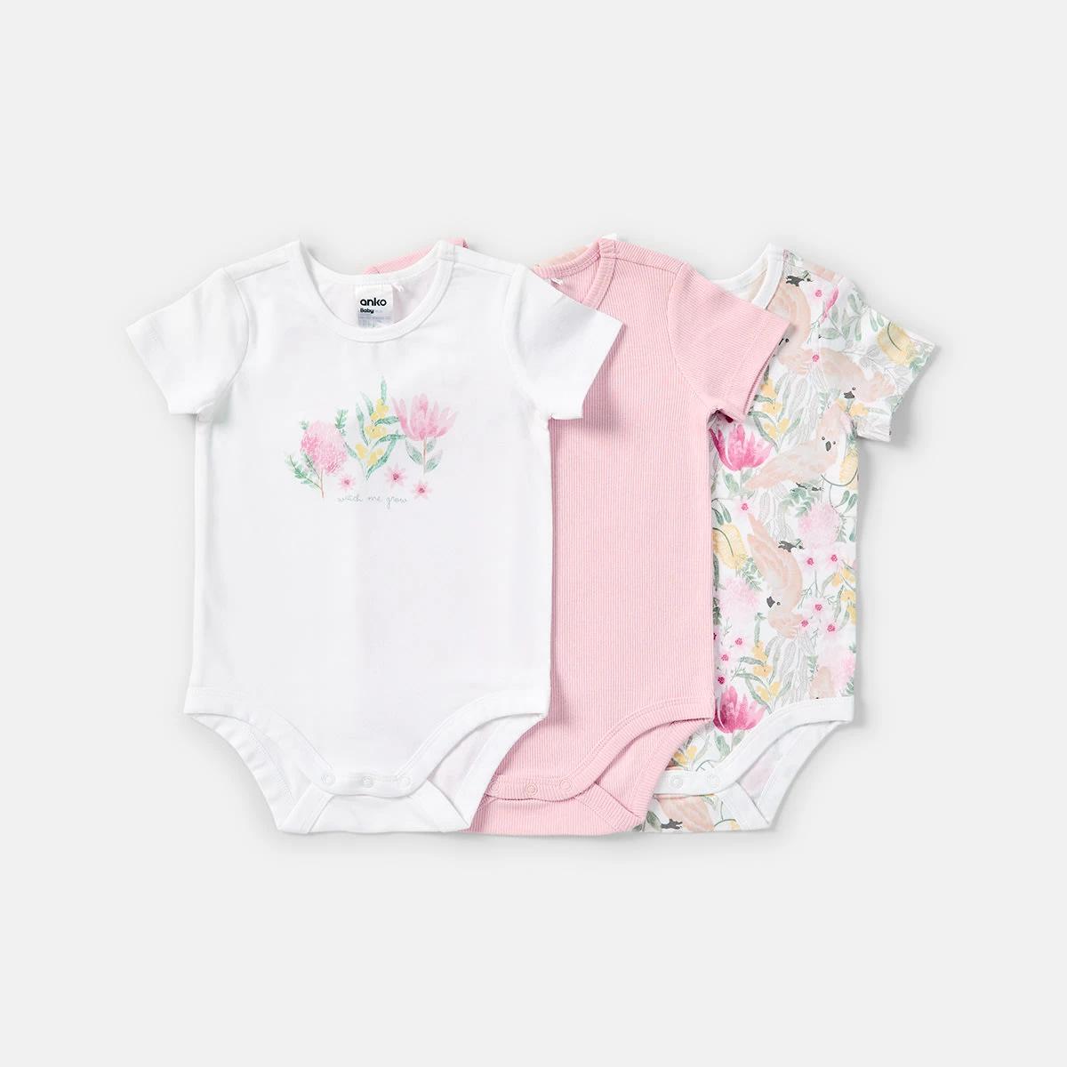 1 3 Pack Short Sleeve Bodysuits Aus Floral, 1 of 8