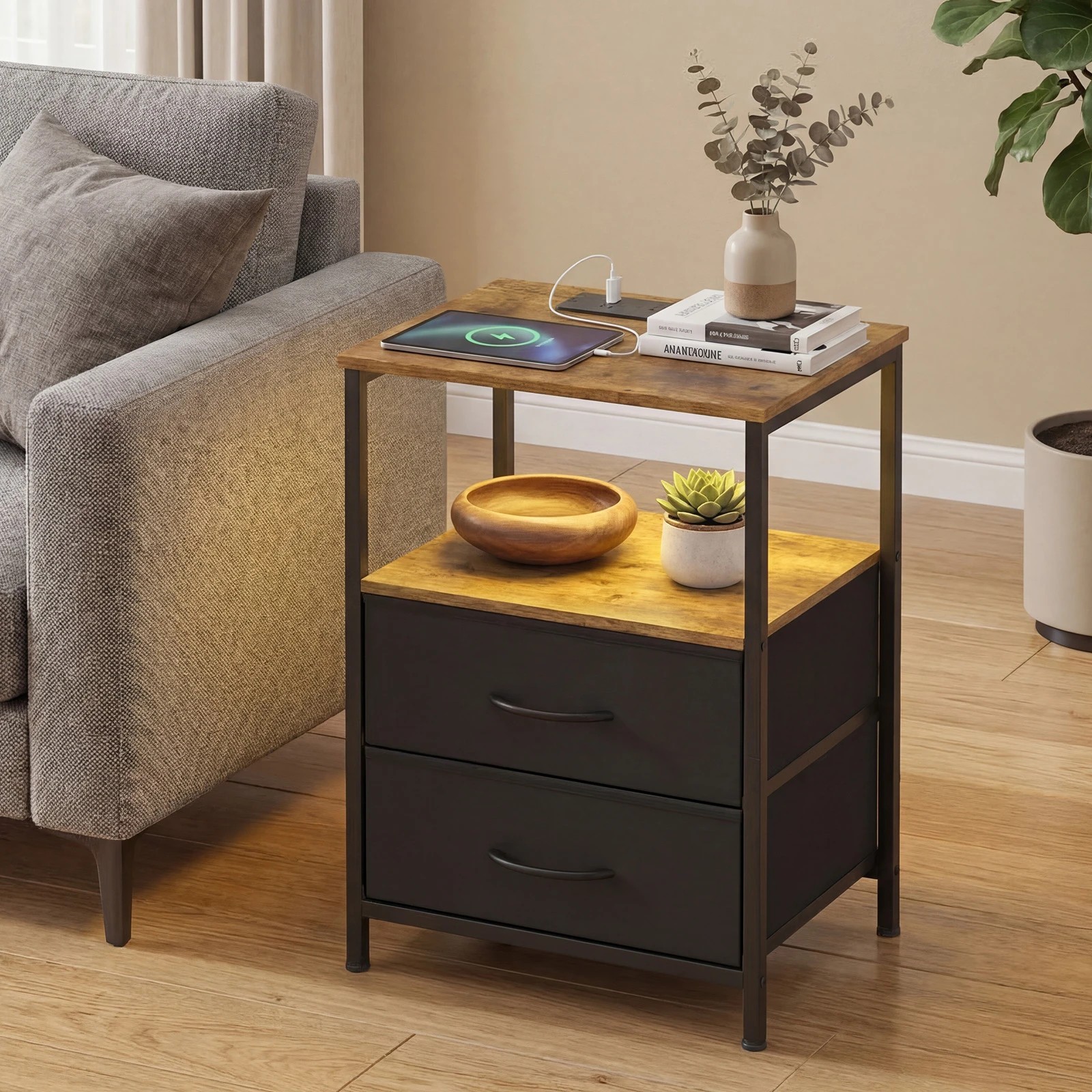 6 Advwin Led Bedside Table with Charging Station 2 Fabric Drawers - Brown, 6 of 6