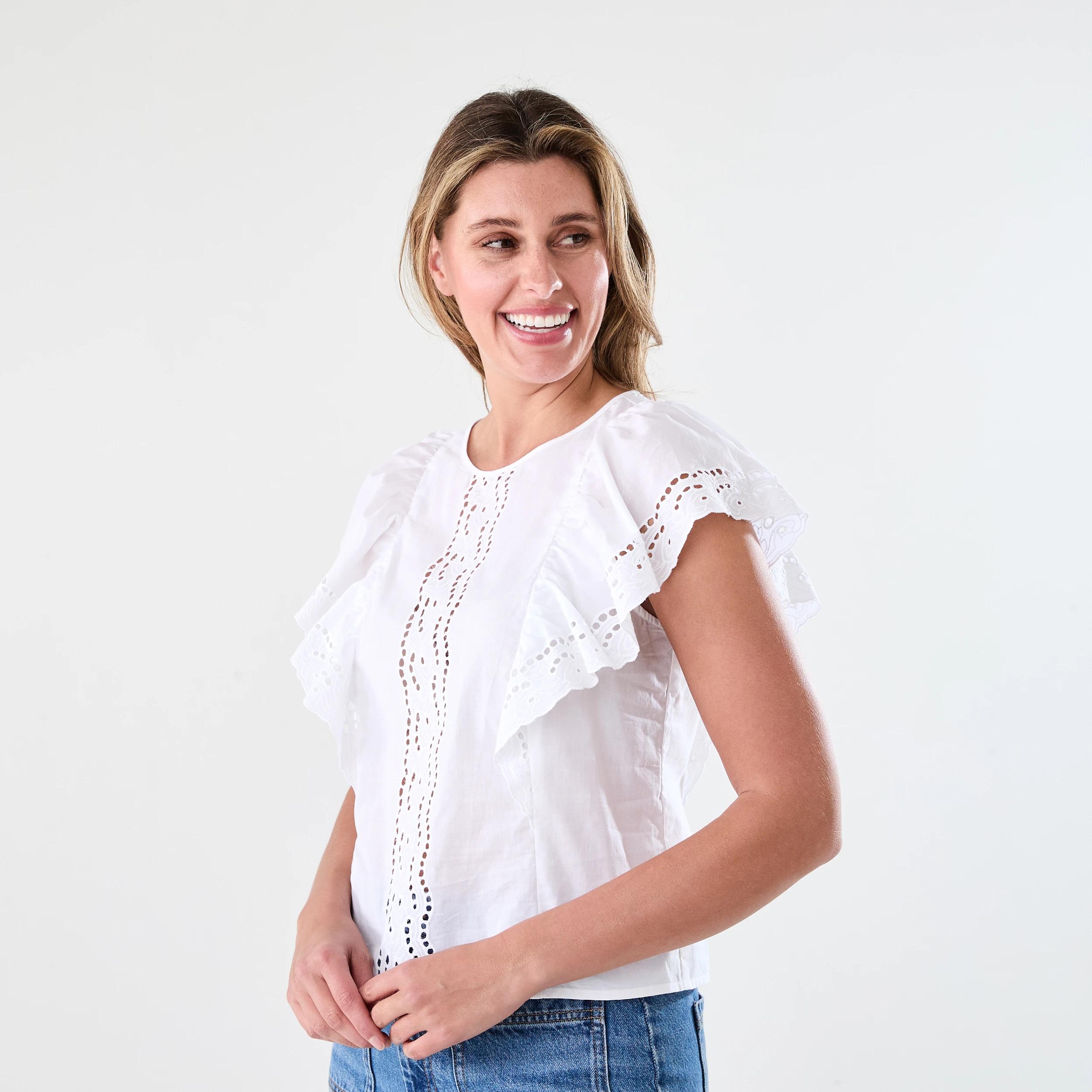2 Short Sleeve Flutter Broderie Top White, 2 of 6