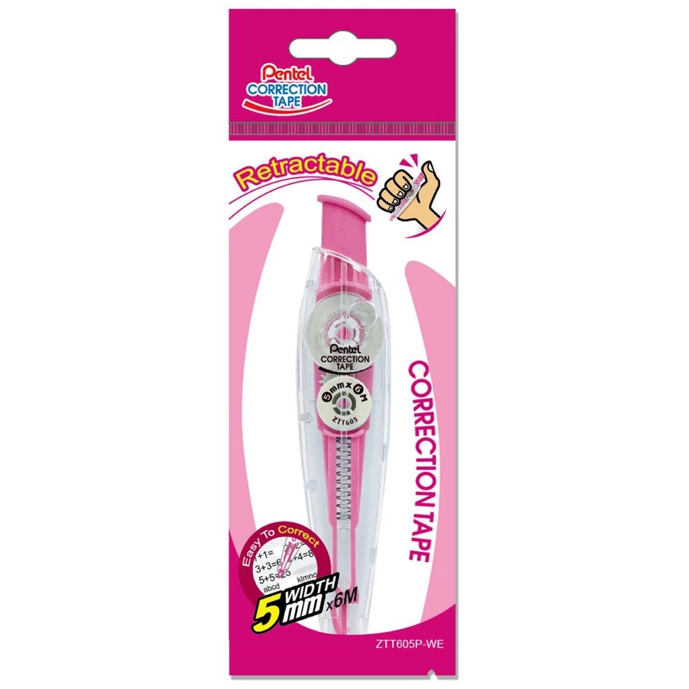 2 Pentel ZTT605 Retractable Correction Tape 5mm x 6m Pink, 2 of 2
