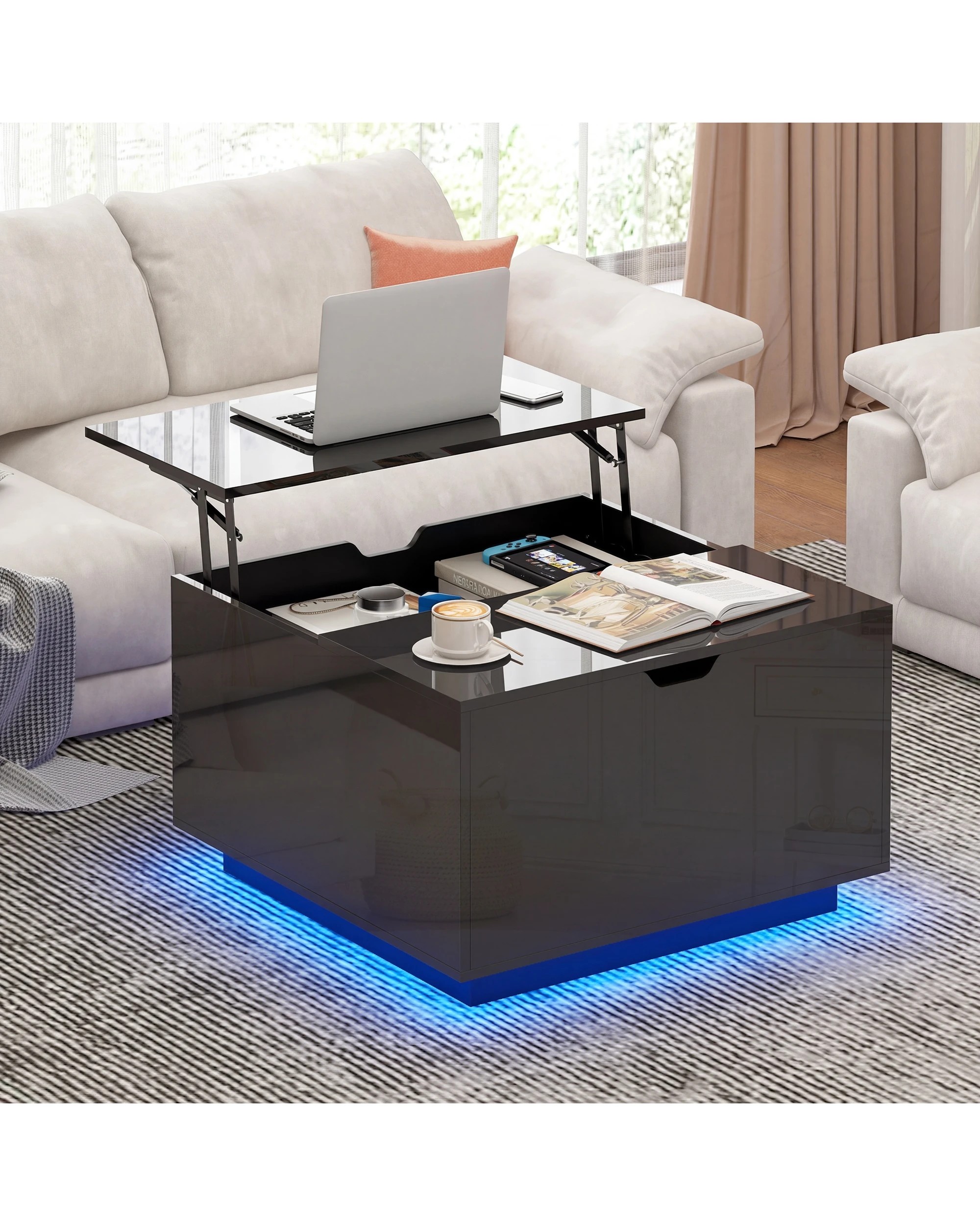 4 Advwin  LED Lift Top Coffee Table  w/ Hidden Storage & Open shelves - Black, 4 of 10
