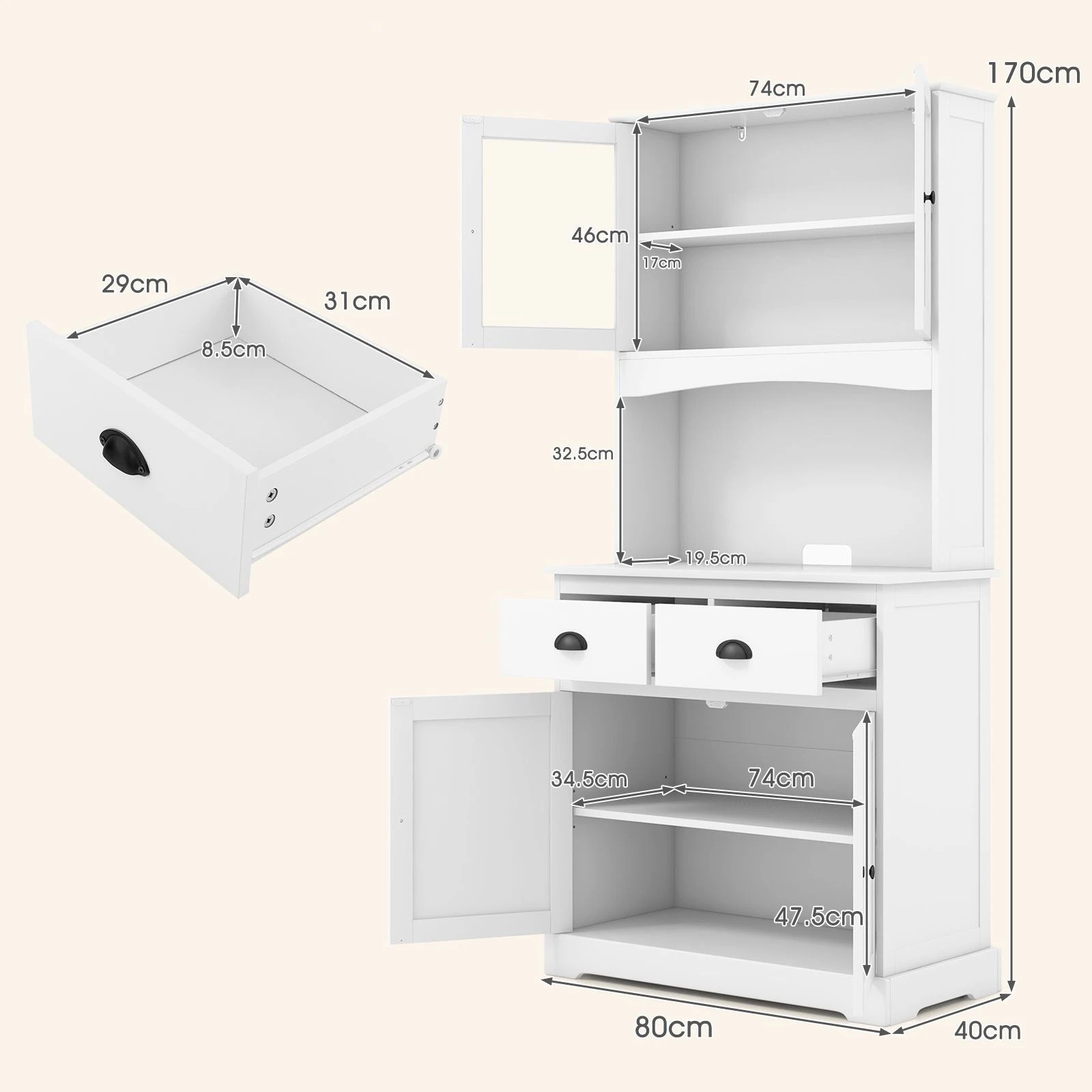 2 Costway Storage Cabinet Kitchen Buffet w/Countertop, 2 of 5