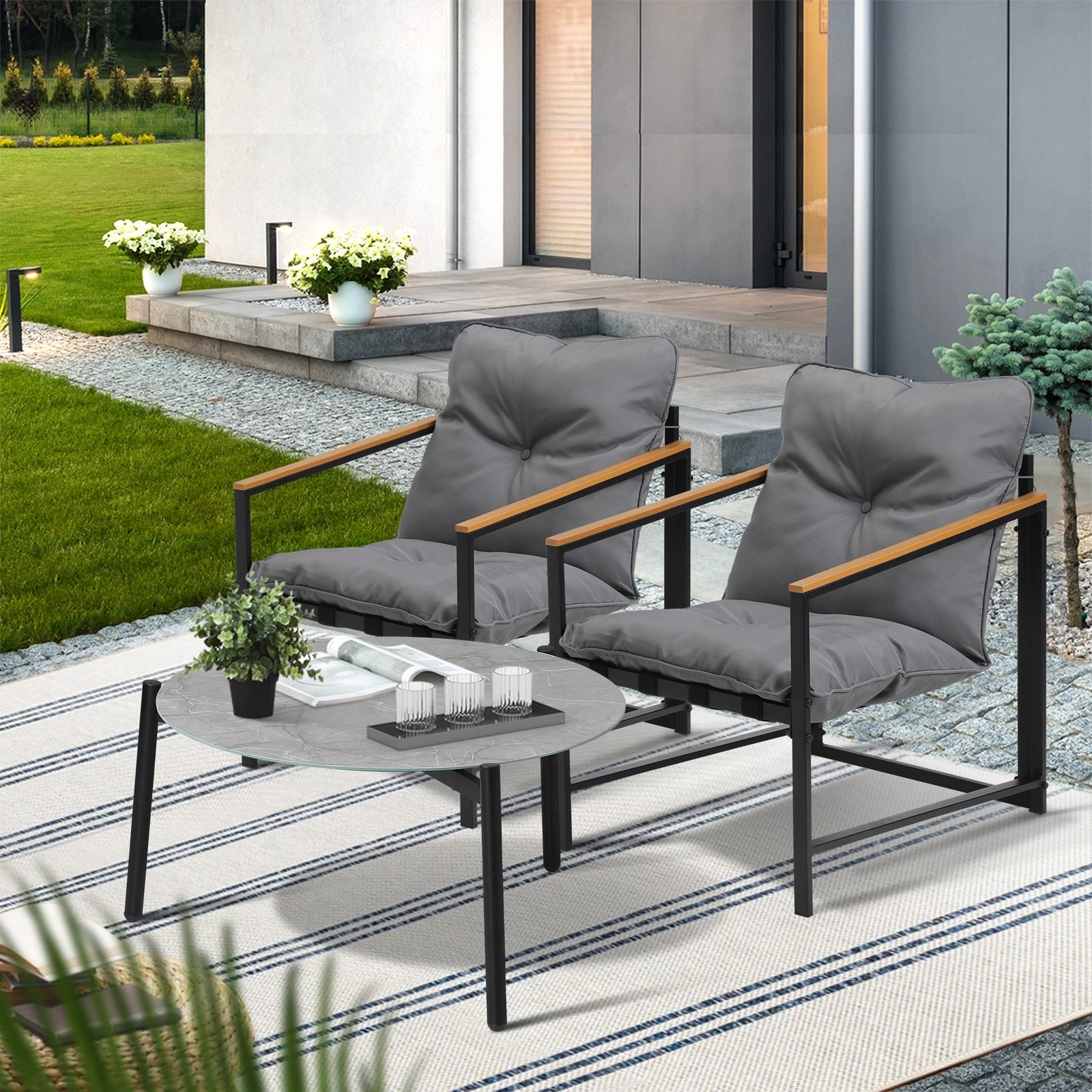 3 Livsip 3pc Outdoor Patio Furniture Set Bistro Set 70cm Round Marble Table
 - Multi, 3 of 10