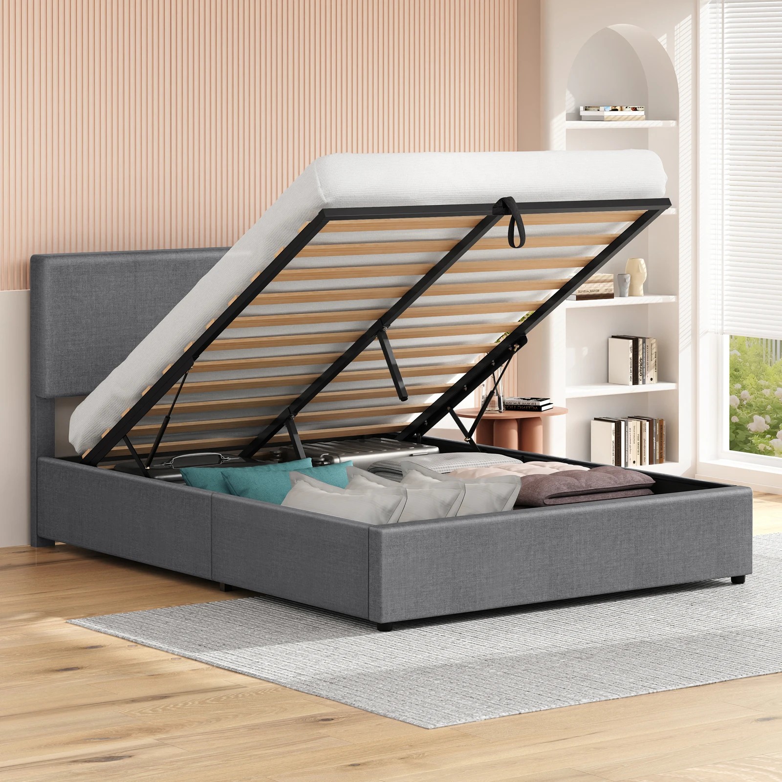 4 Alfordson Bed Frame Double Gas Lift Storage Adjustable Headboard Luria - Grey, 4 of 10