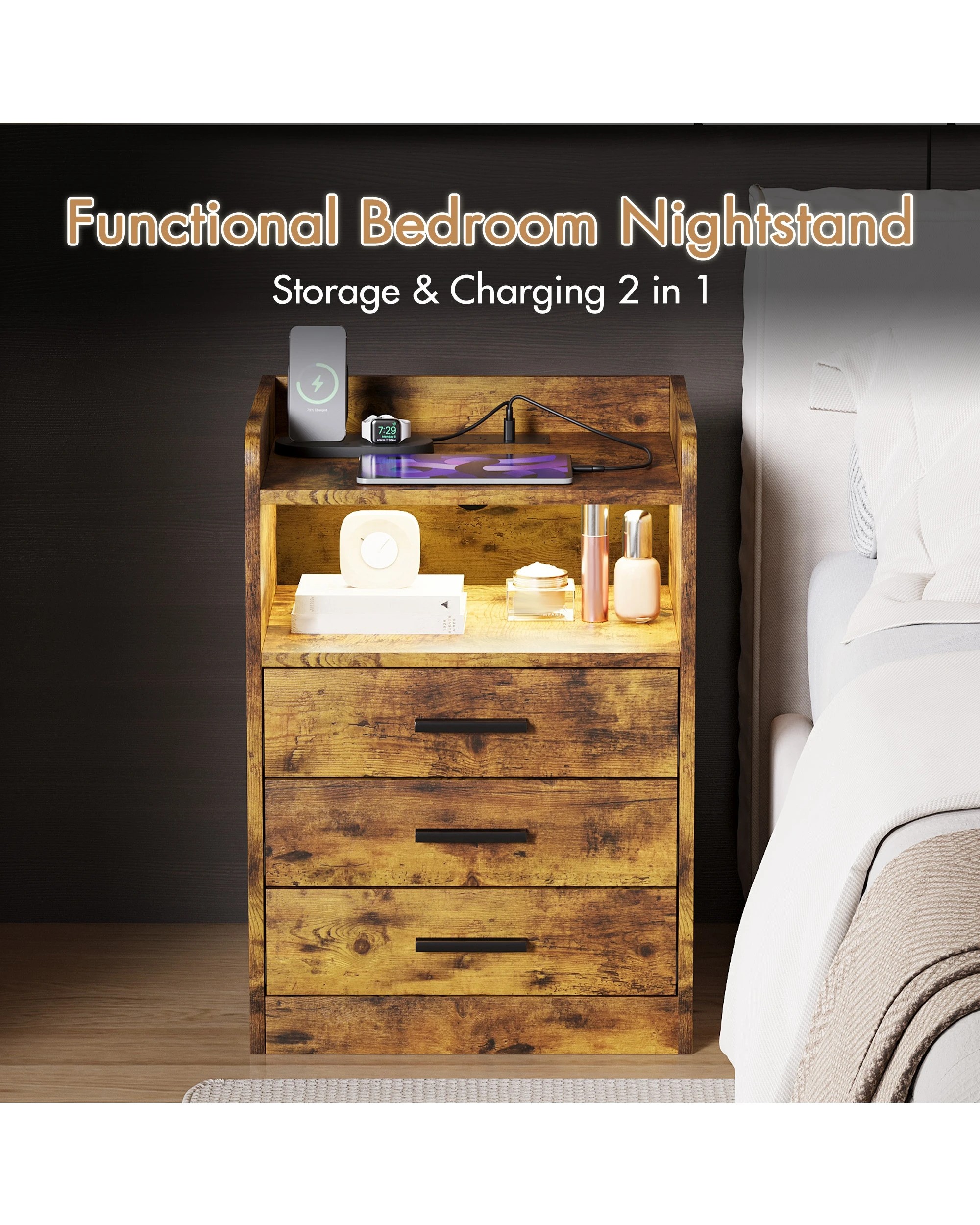 8 Advwin Bedside Table Set Of 2 Rgb Led Light Charging Station 3 Drawers - Brown, 8 of 9