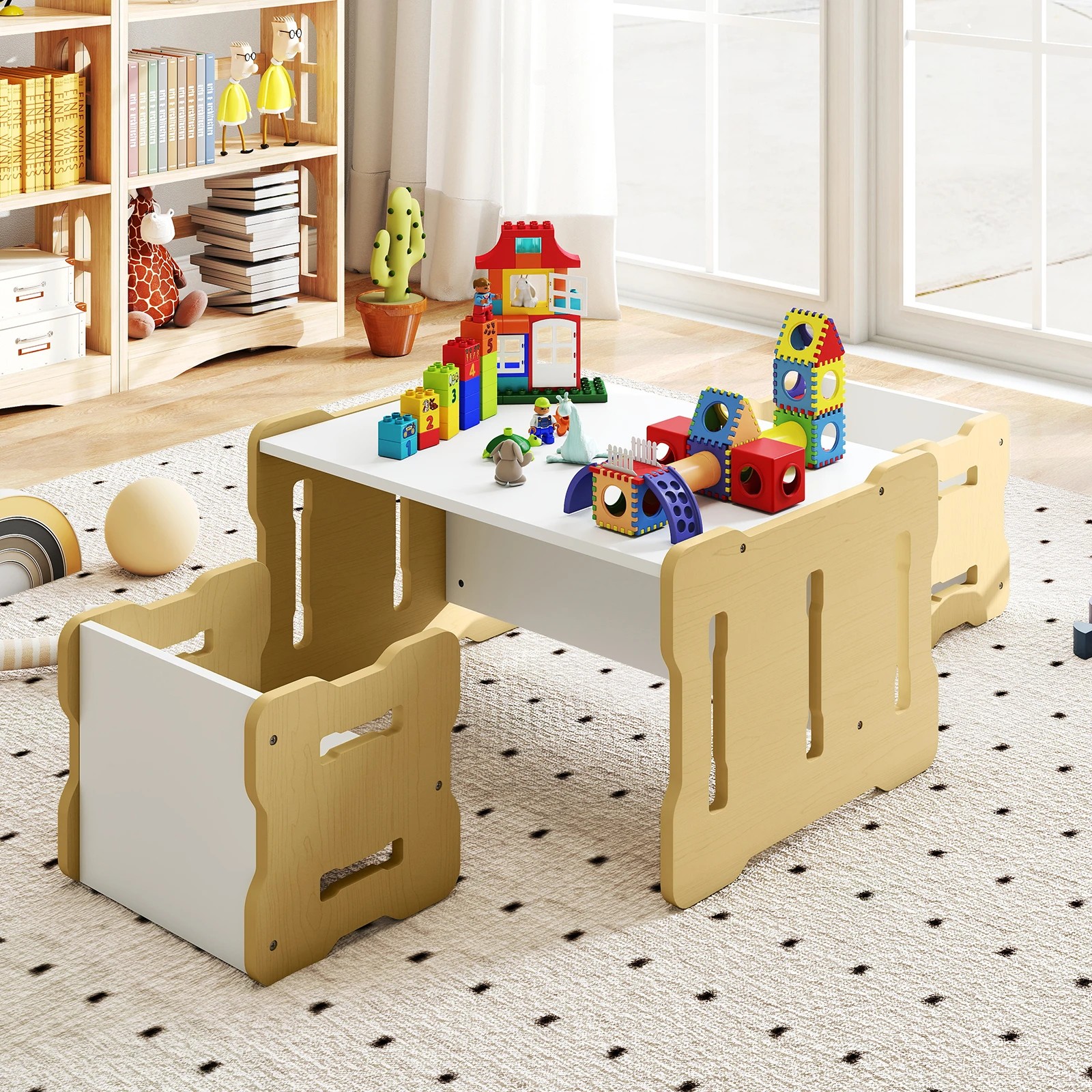 3 Costway 3Pcs Activity Table Chairs Set Convertible Study Play Desk & Stools - Natural, 3 of 4