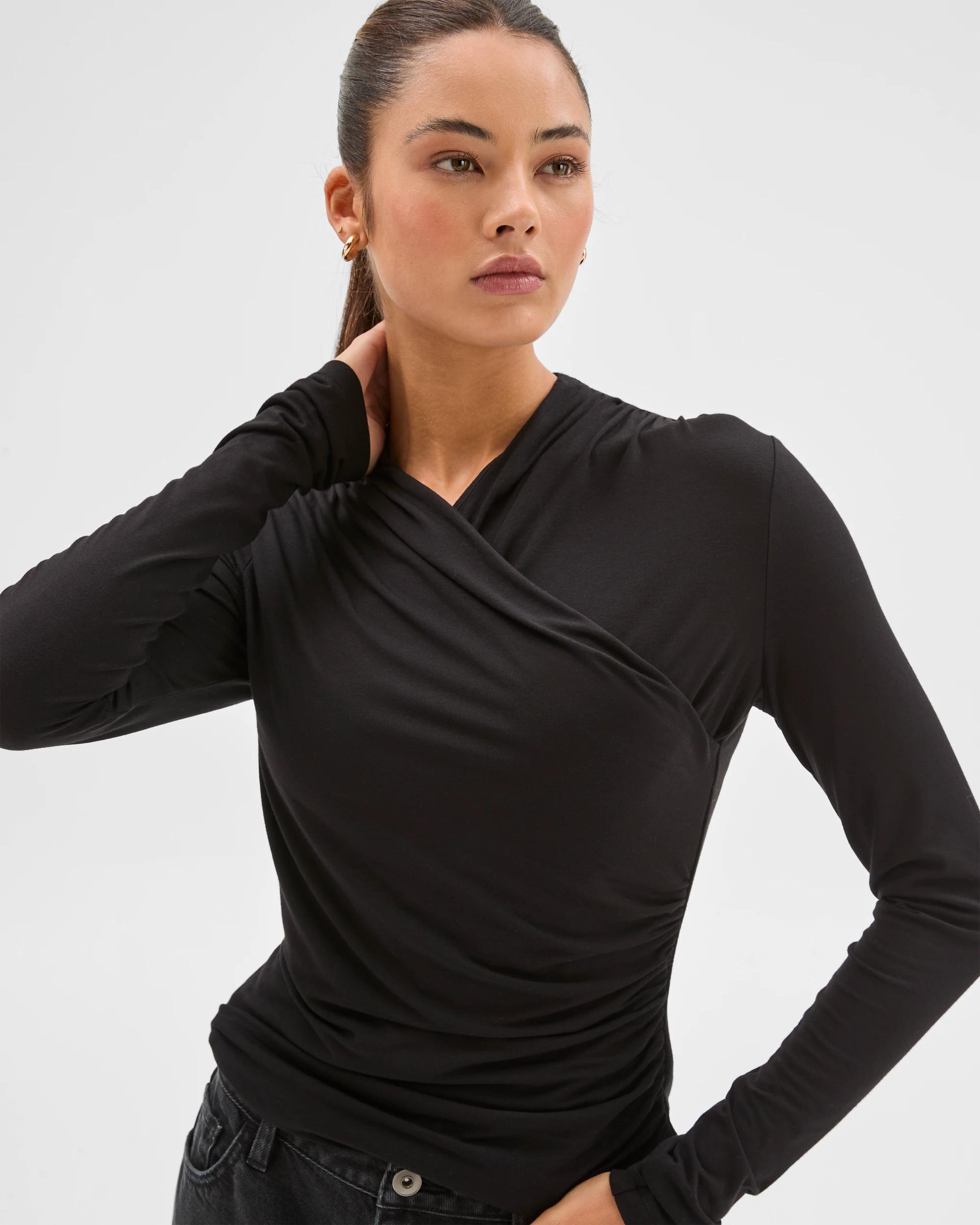 1 Lily Loves Long Sleeve Crossover Drape Top BLACK, 1 of 8