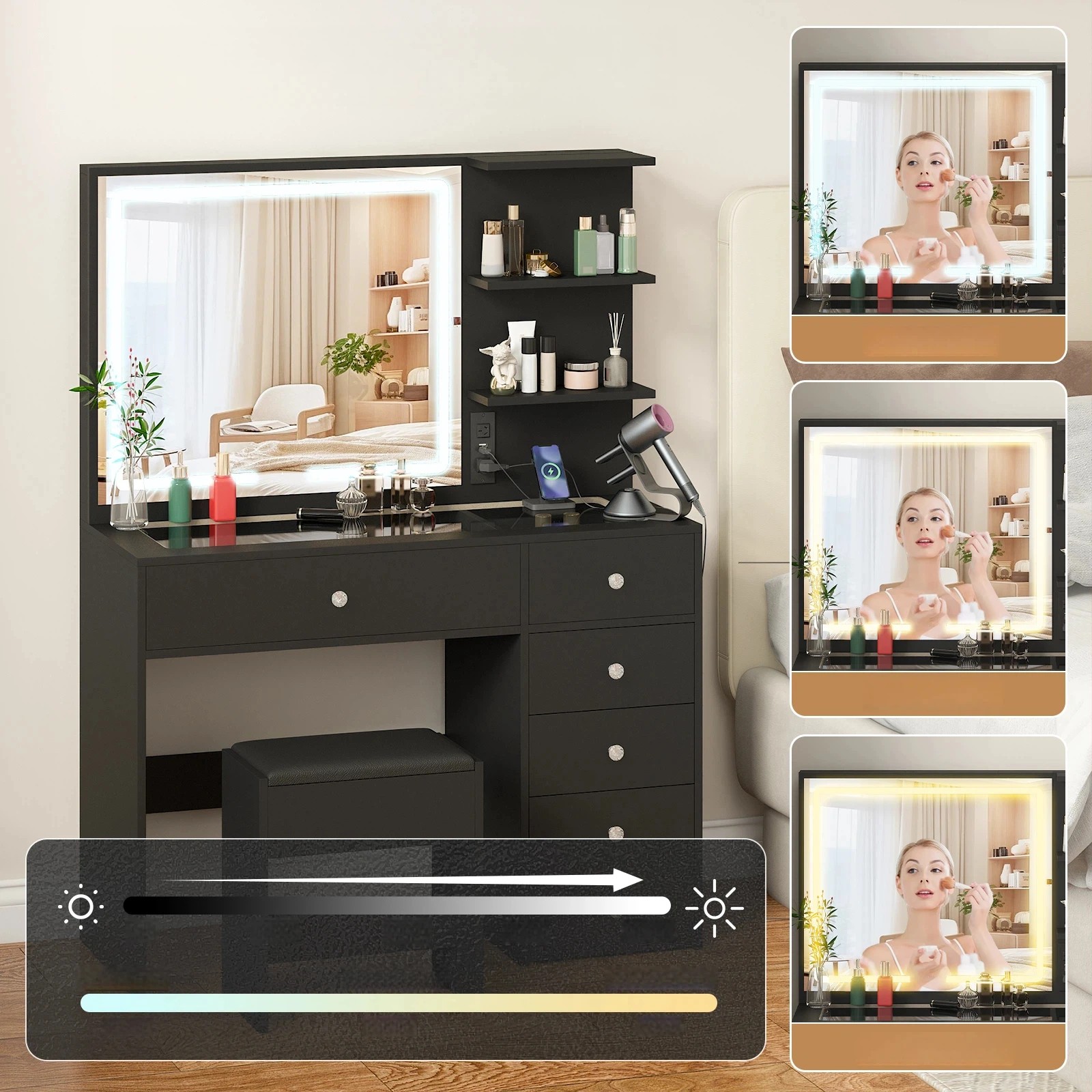 5 Advwin Dressing Table Set LED Light Glass Top - Black, 5 of 6