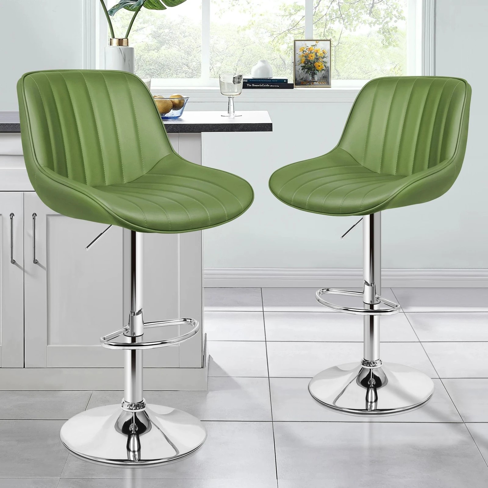 9 Alfordson 4x Bar Stools Gas Lift Leather Bar Chairs Kitchen Swivel - Green, 9 of 10
