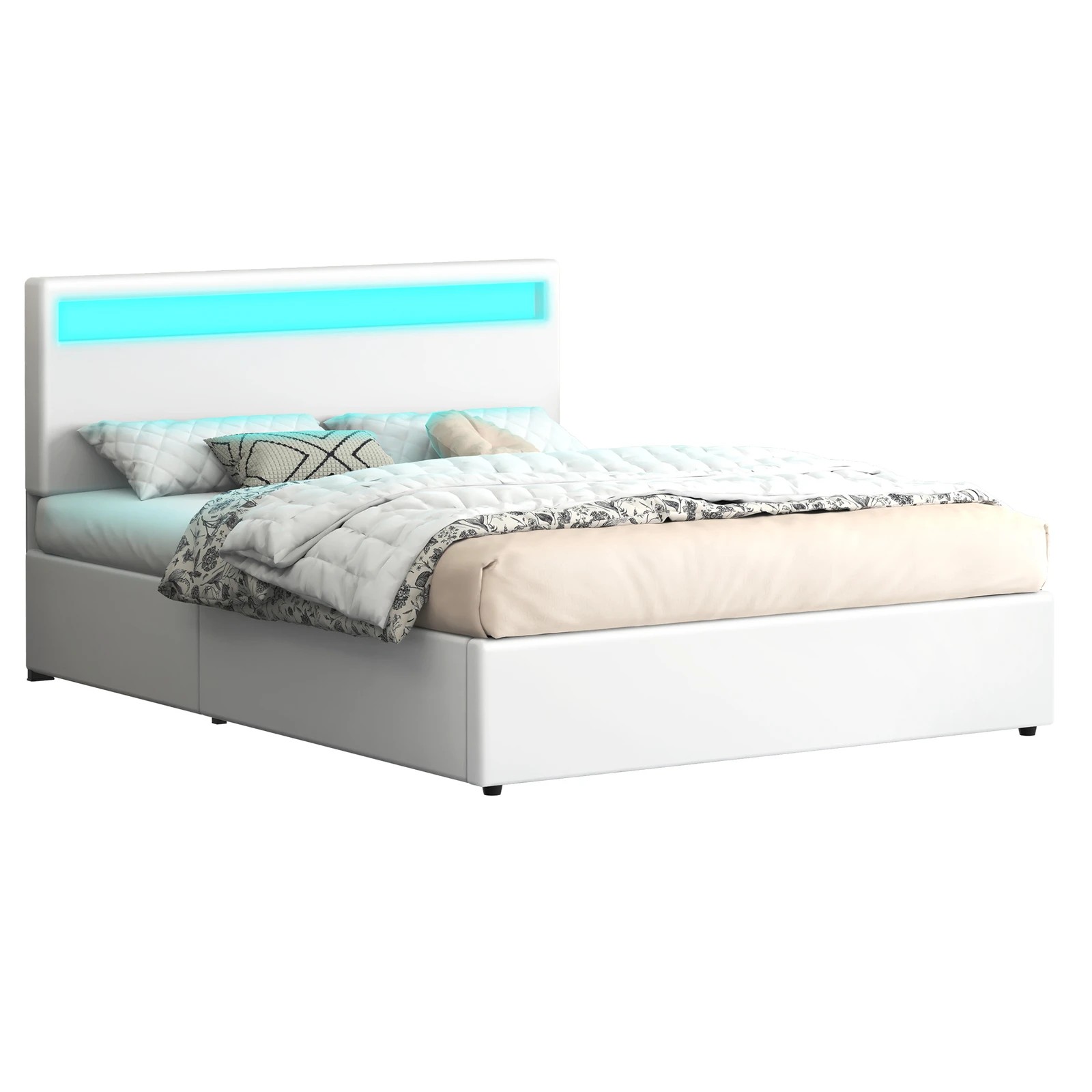 1 Alfordson Bed Frame Double Size RGB LED Gas Lift Storage Base Luchino - White, 1 of 10