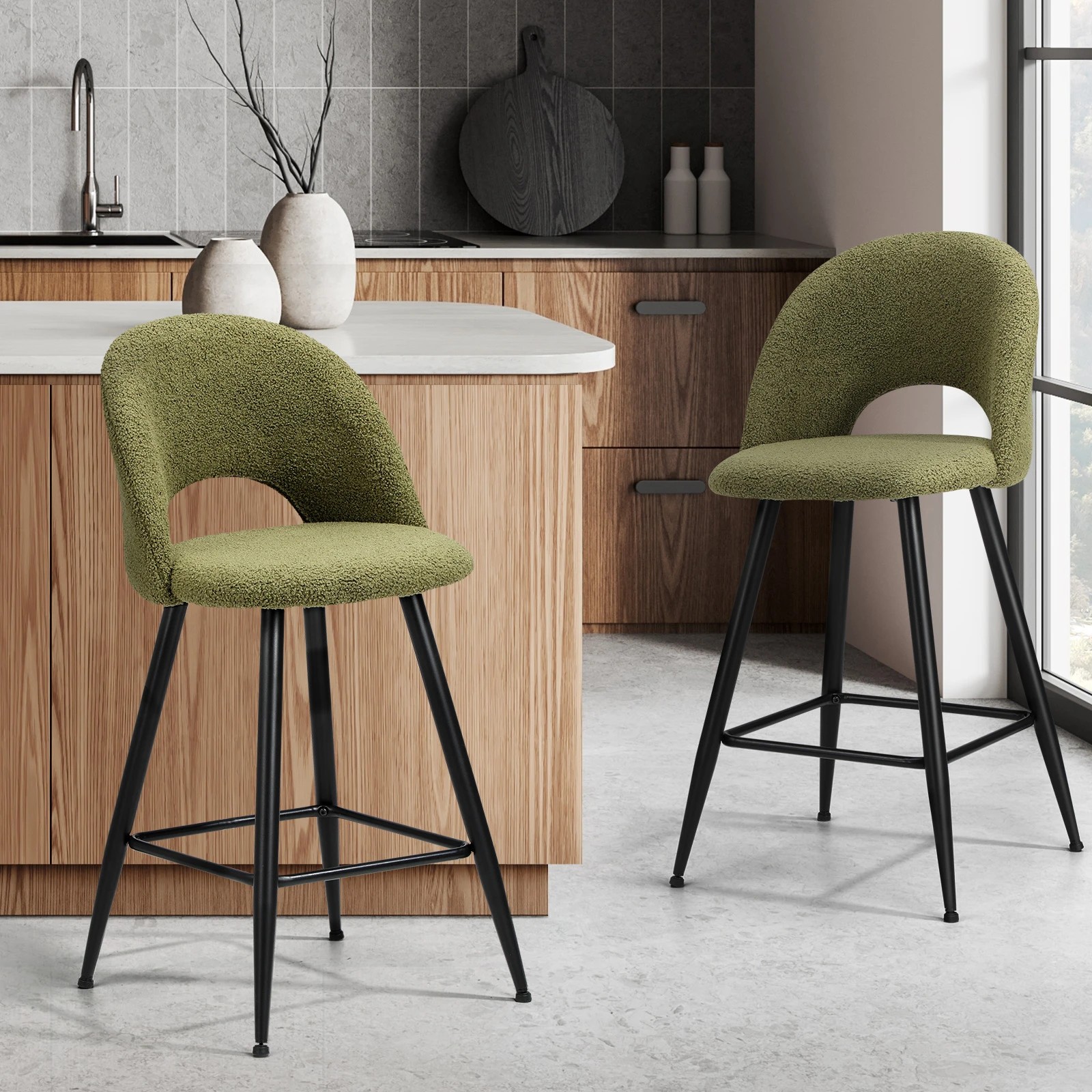 2 Oikiture 2x Bar Stools Kitchen Counter Stool Dining Chairs Boucle Horn
 - Green, 2 of 10