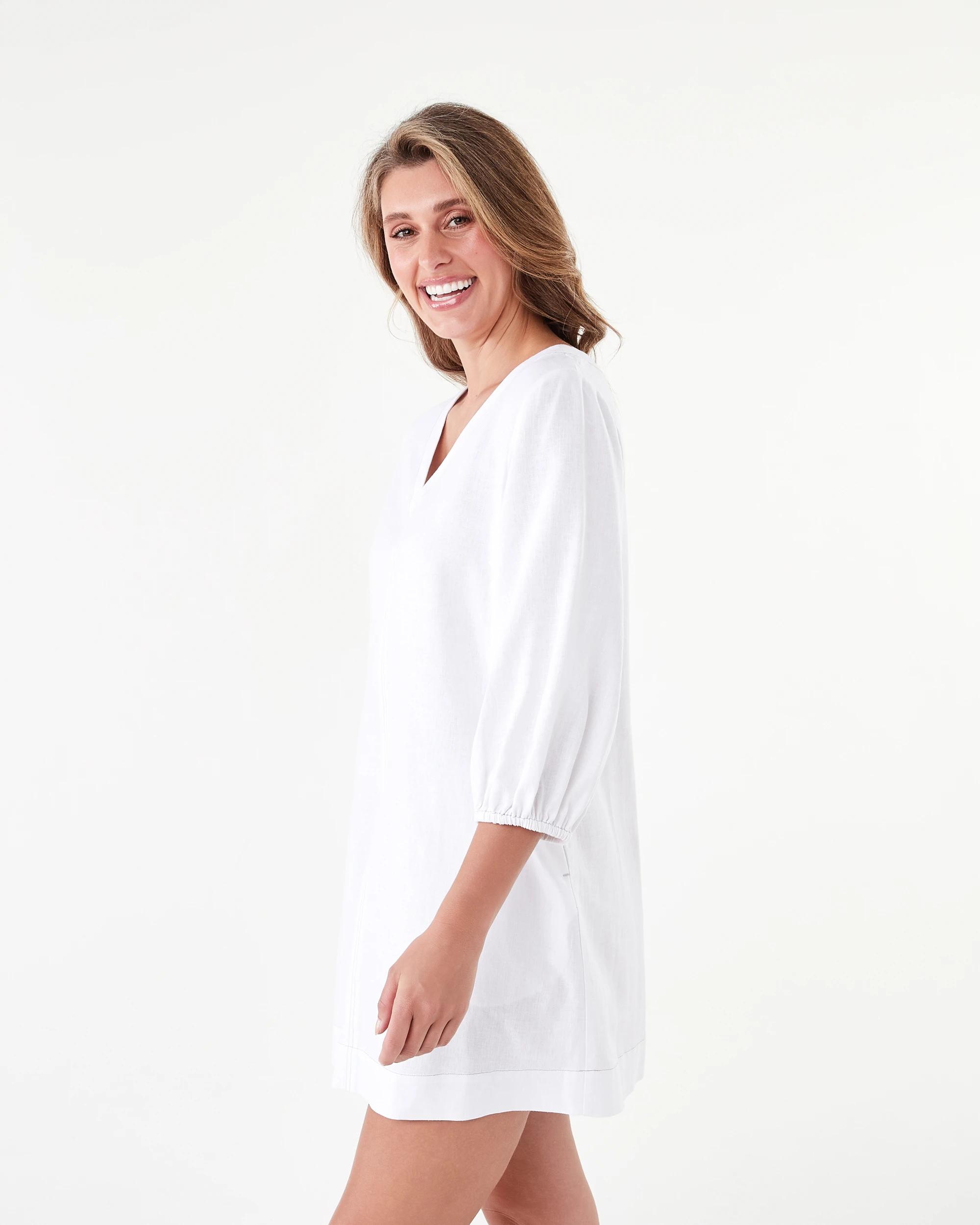 2 Long Sleeve Linen Blend V-Neck Mini Dress White, 2 of 8