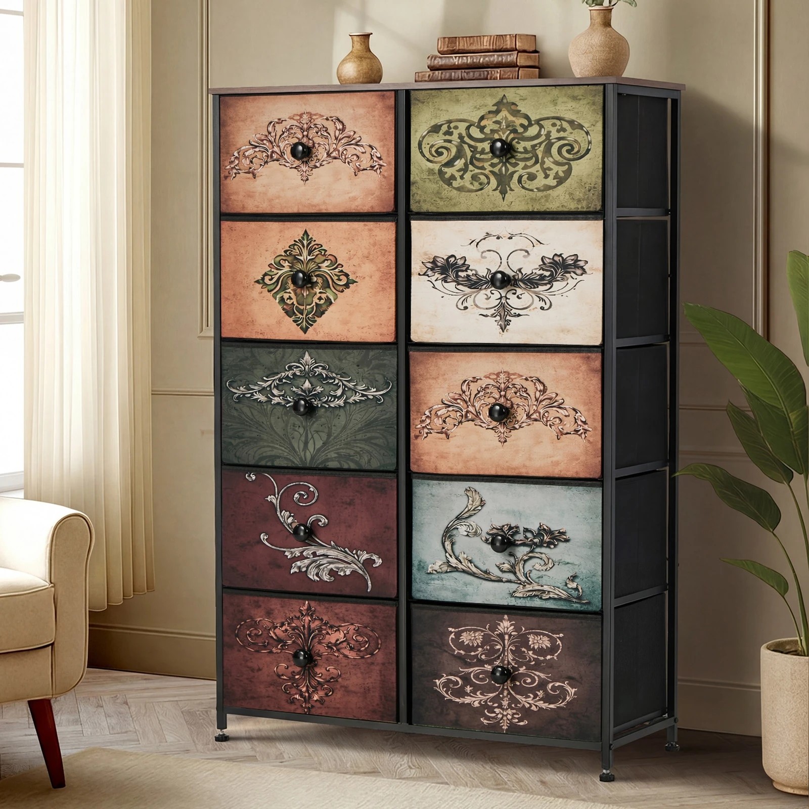 3 Oikiture 10 Chest Of Drawers Retro Tallboy Printed Foldable Fabric Drawers - Multi, 3 of 6