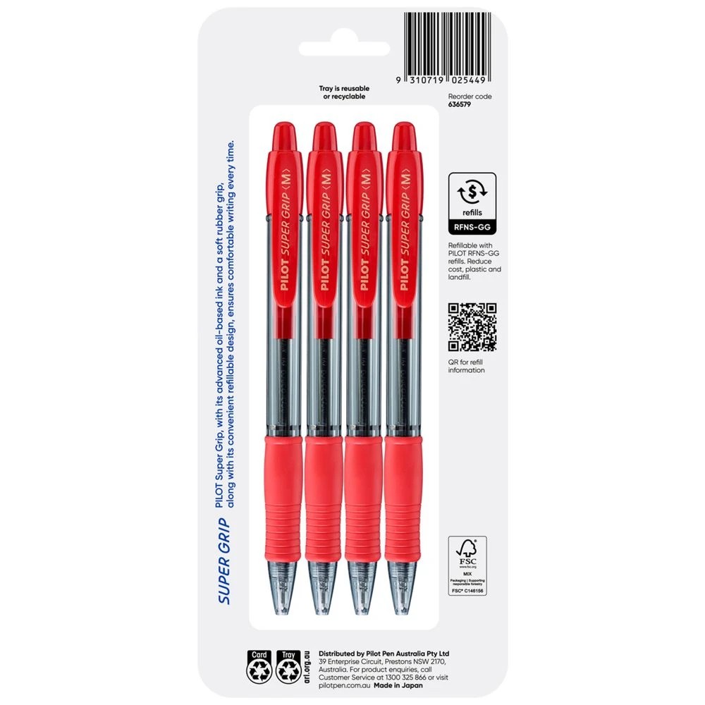 2 PILOT SuperGrip Retractable Ballpoint Medium 1mm Red 4 Pack, 2 of 8