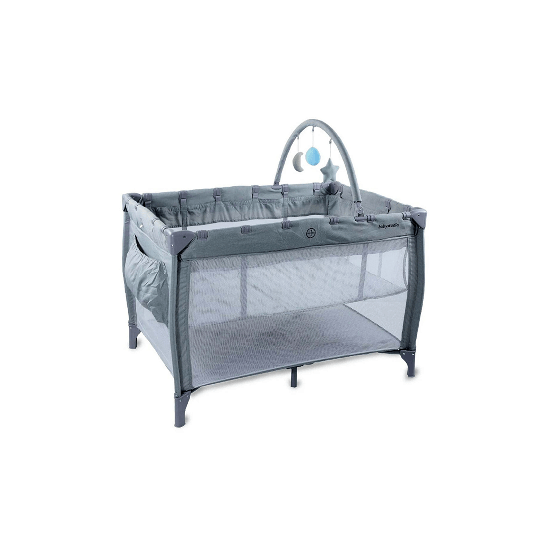 1 Babystudio 3in1 Portacot Play Yard Toy Bar & Mattress - Grey, 1 of 4