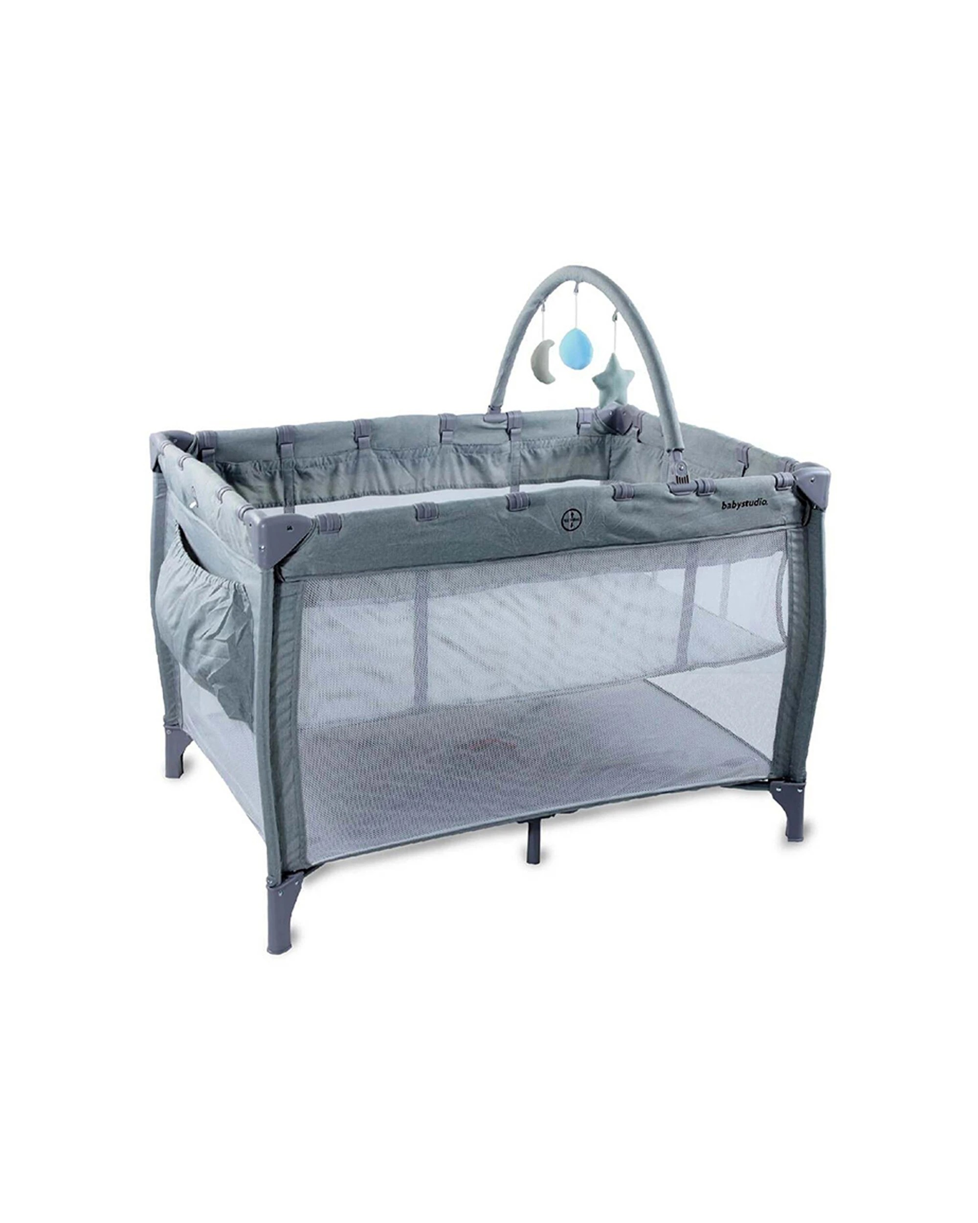 1 Babystudio 3in1 Portacot Play Yard Toy Bar & Mattress - Grey, 1 of 4