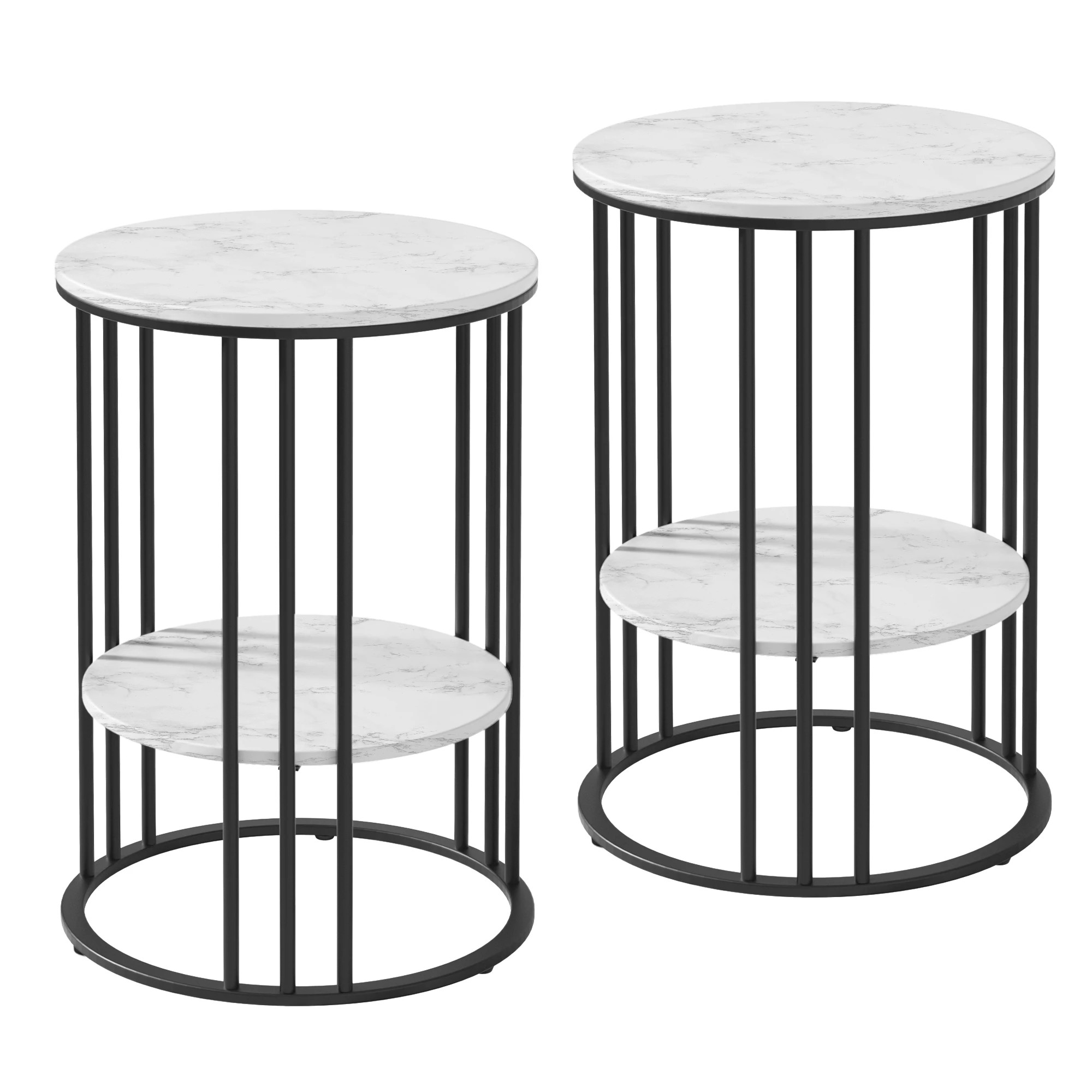 1 Artiss Side Table 2Pcs End Table Coffee Table 2-Tier Bedside Round Marble Effect - Beige, 1 of 7