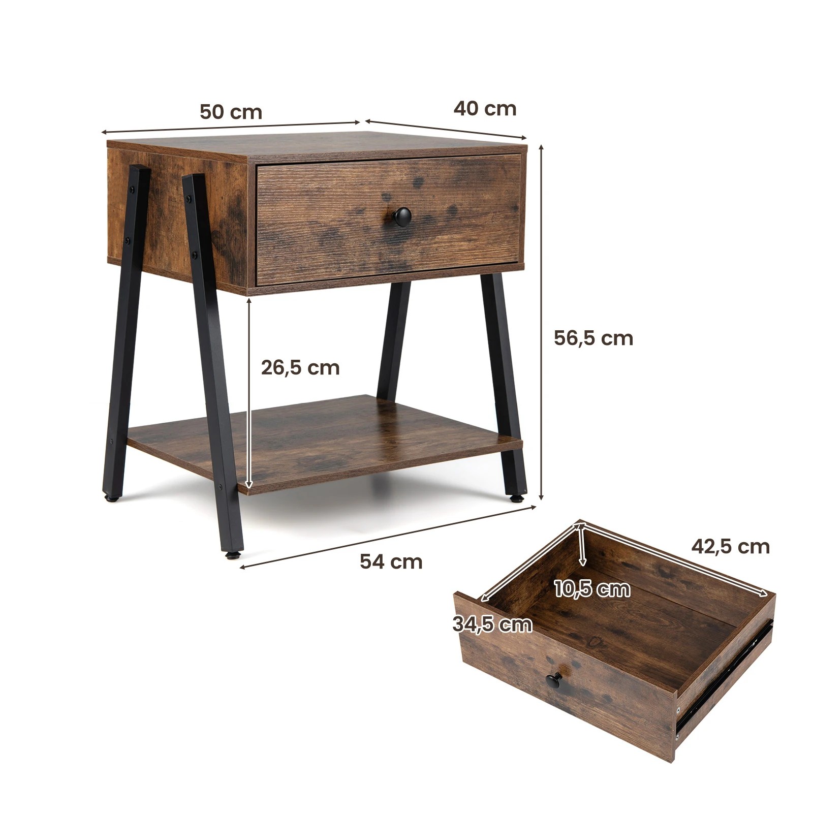2 Costway Industrial Nightstand w/Drawer Wooden Bedside End Table, 2 of 6