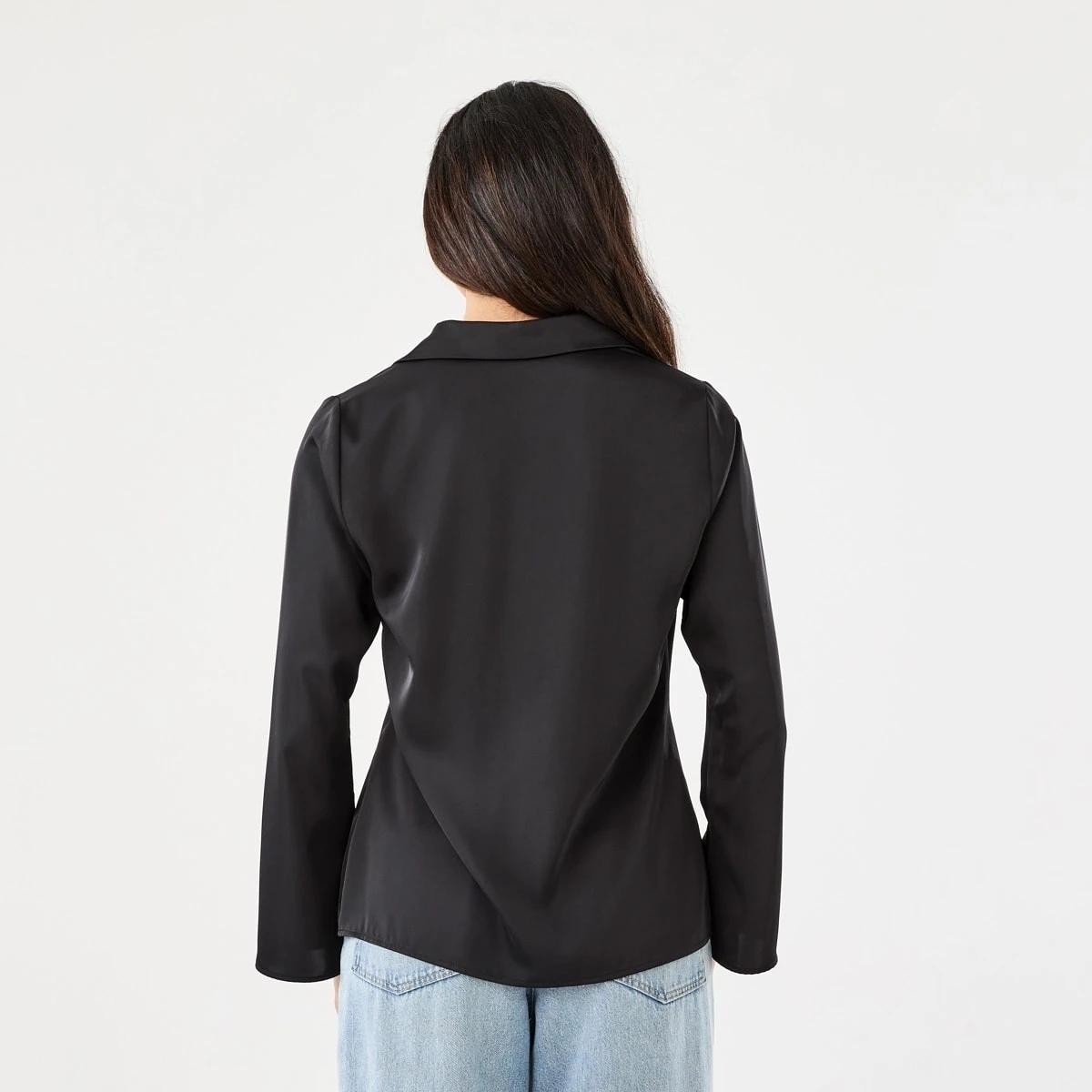 3 Long Sleeve Satin Tie Front Top Black, 3 of 7
