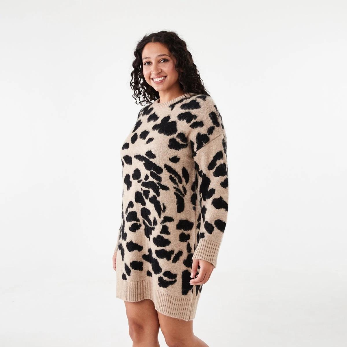 2 Long Balloon Sleeve Knit Mini Dress Leopard, 2 of 7