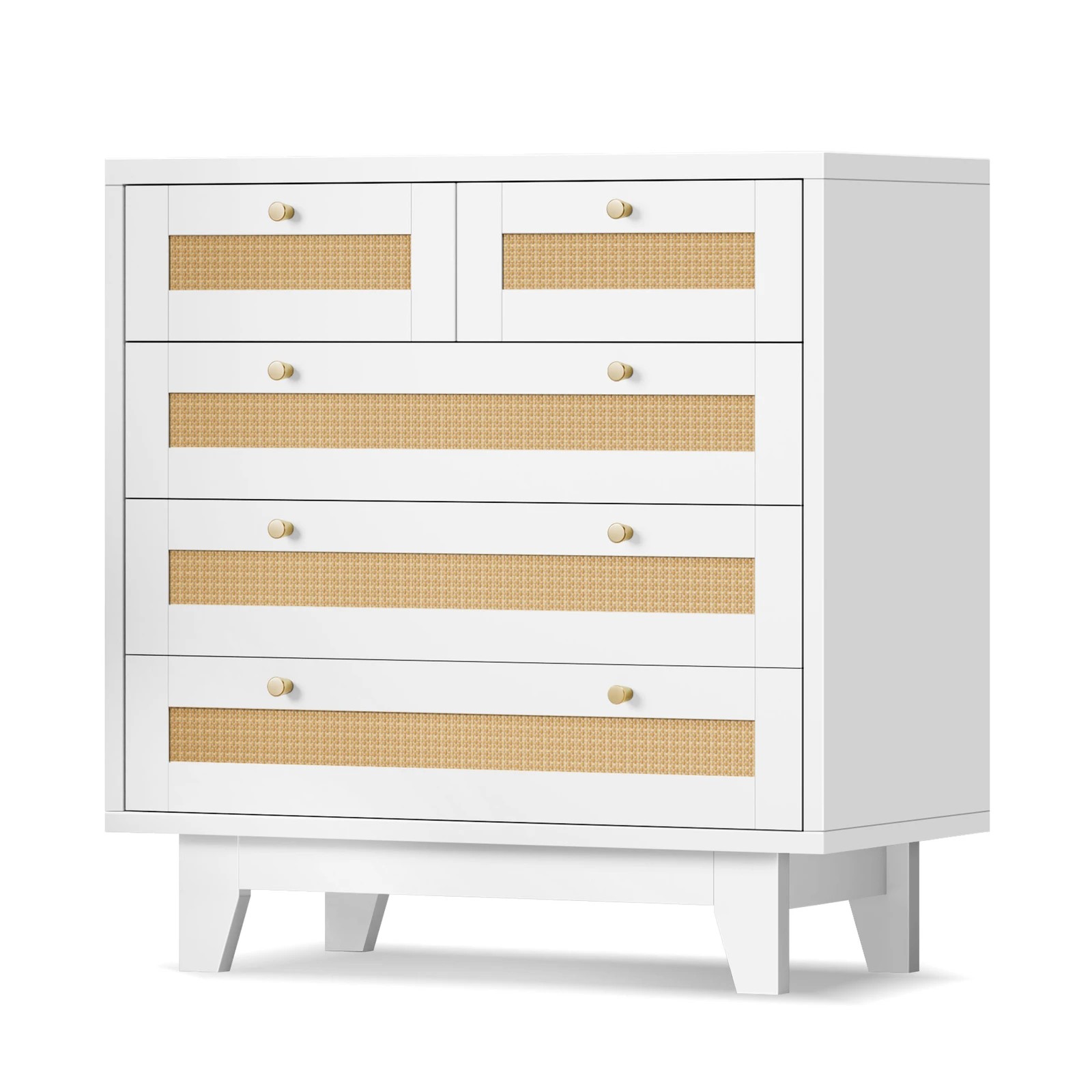 1 Alfordson 5 Chest of Drawers Rattan Storage Cabinet Dresser Tallboy - White, 1 of 10