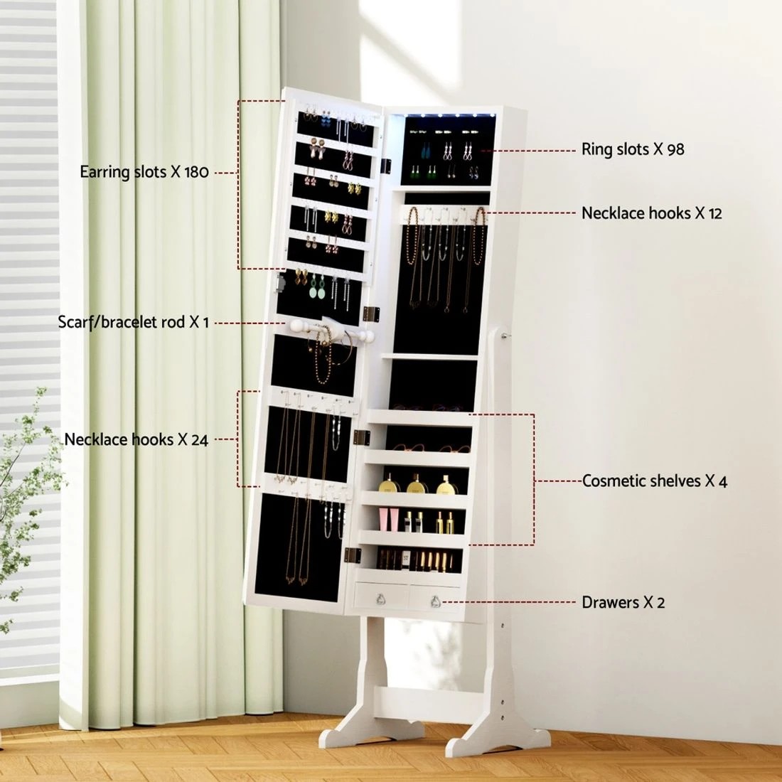 8 Artiss Jewellery Cabinet Mirror Free Standing
 - white, 8 of 8