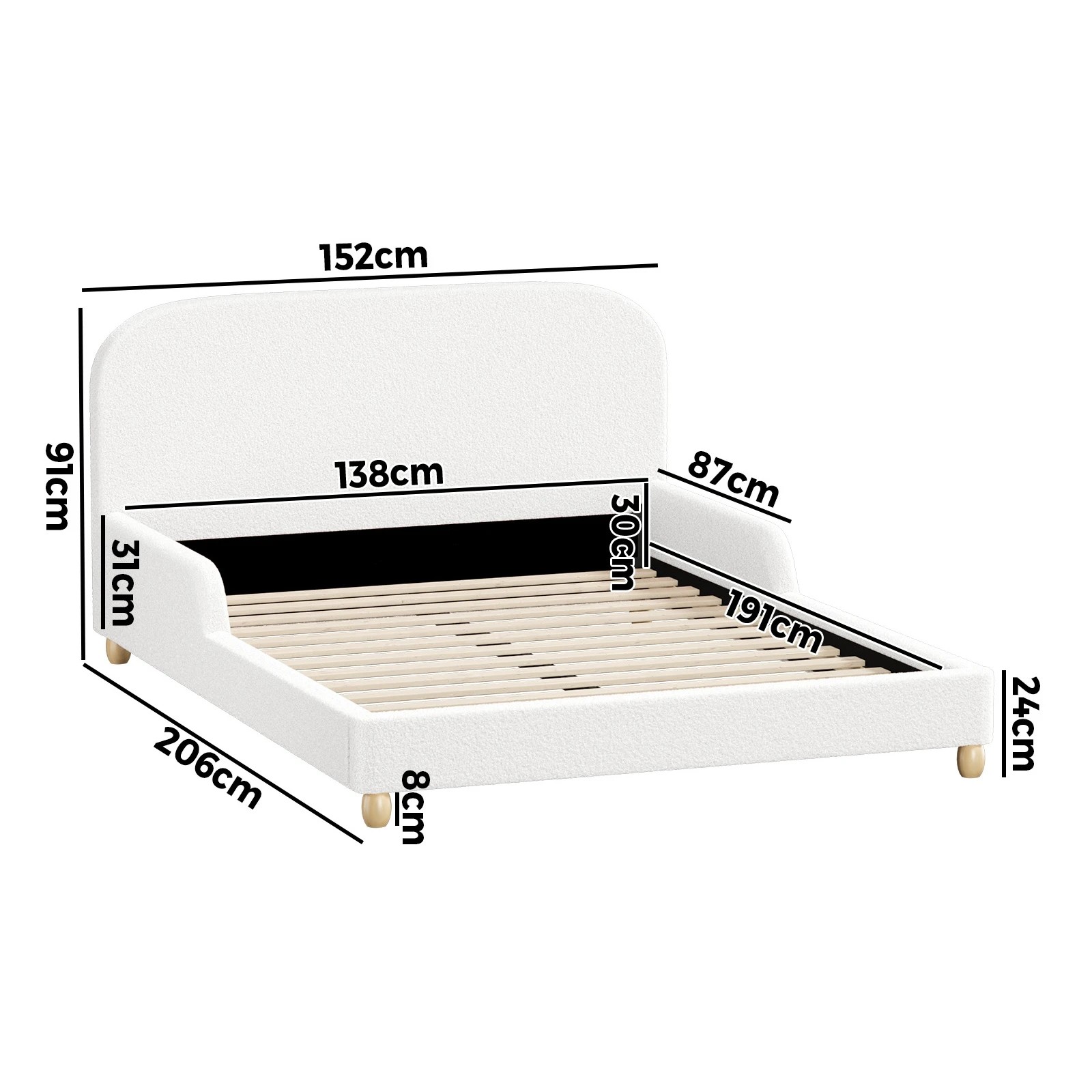 2 Oikiture Kids Bed Frame Double Size With Side Guard Rails Boucle - White, 2 of 10