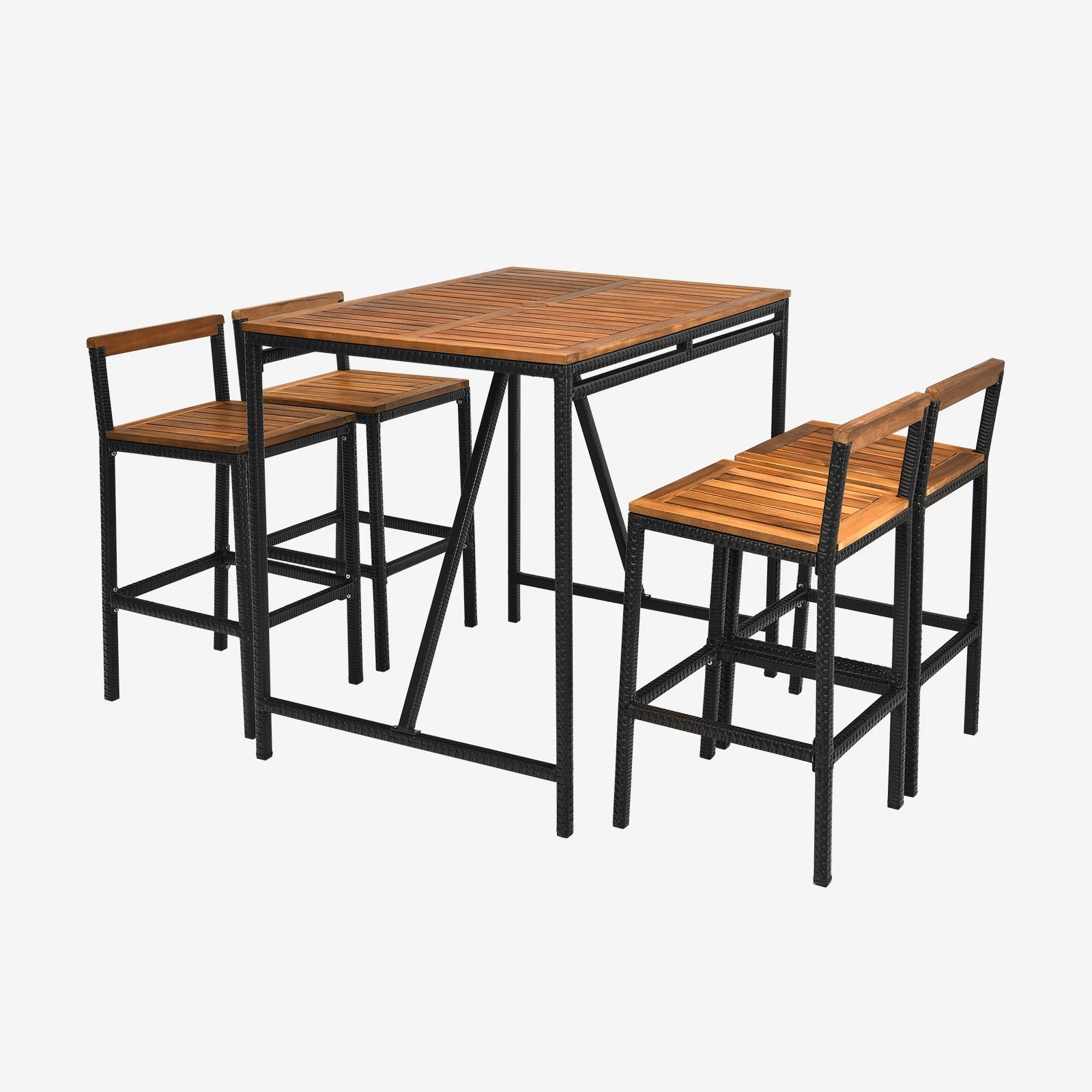 1 Costway 5PCS Outdoor PE Rattan Bar Set Counter Height Dining Table w/Umbrella Hole - Brown, 1 of 1