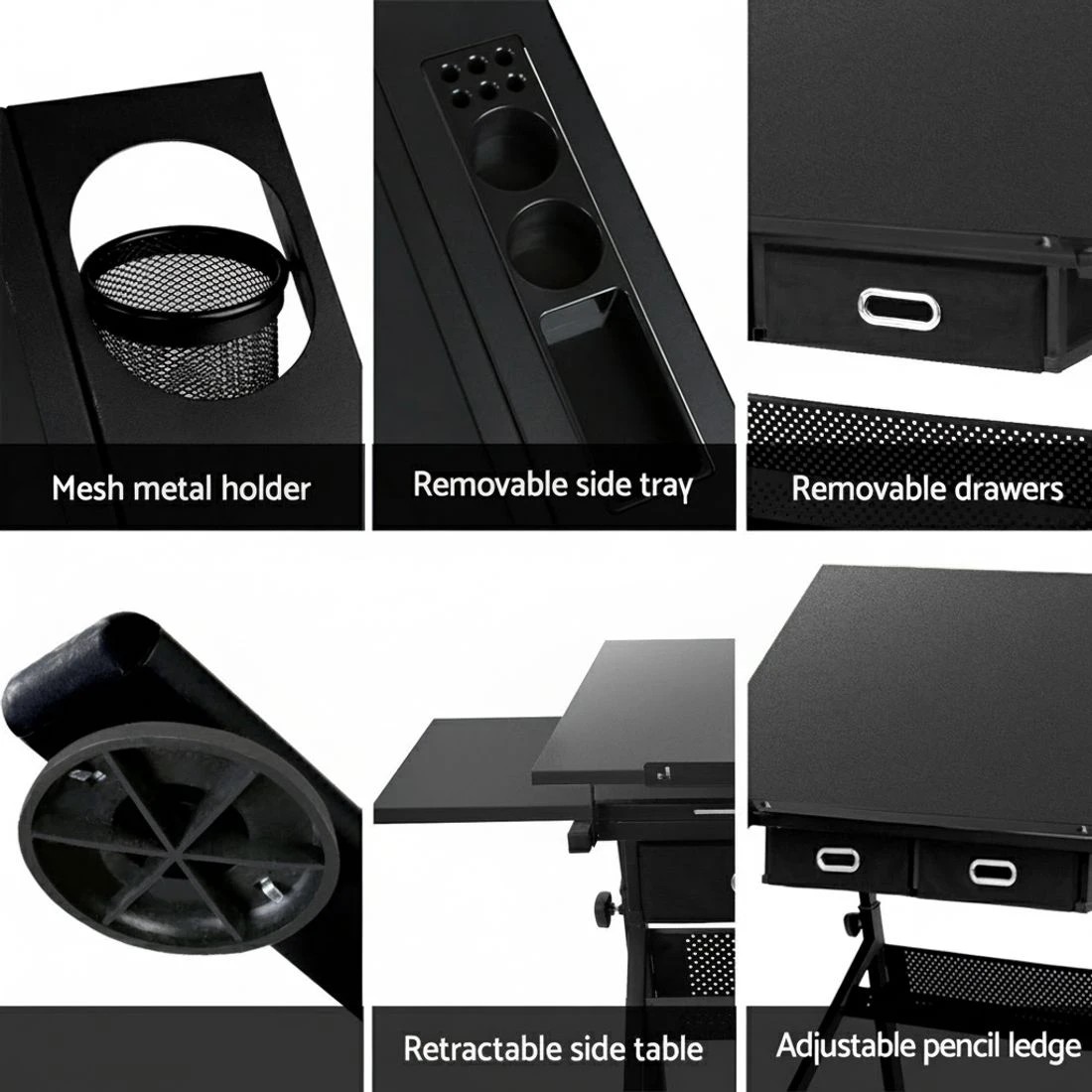 5 Artiss Drawing Desk Stool Set Drafting Table Adjustable Angle Tilt Drawers - Black, 5 of 5