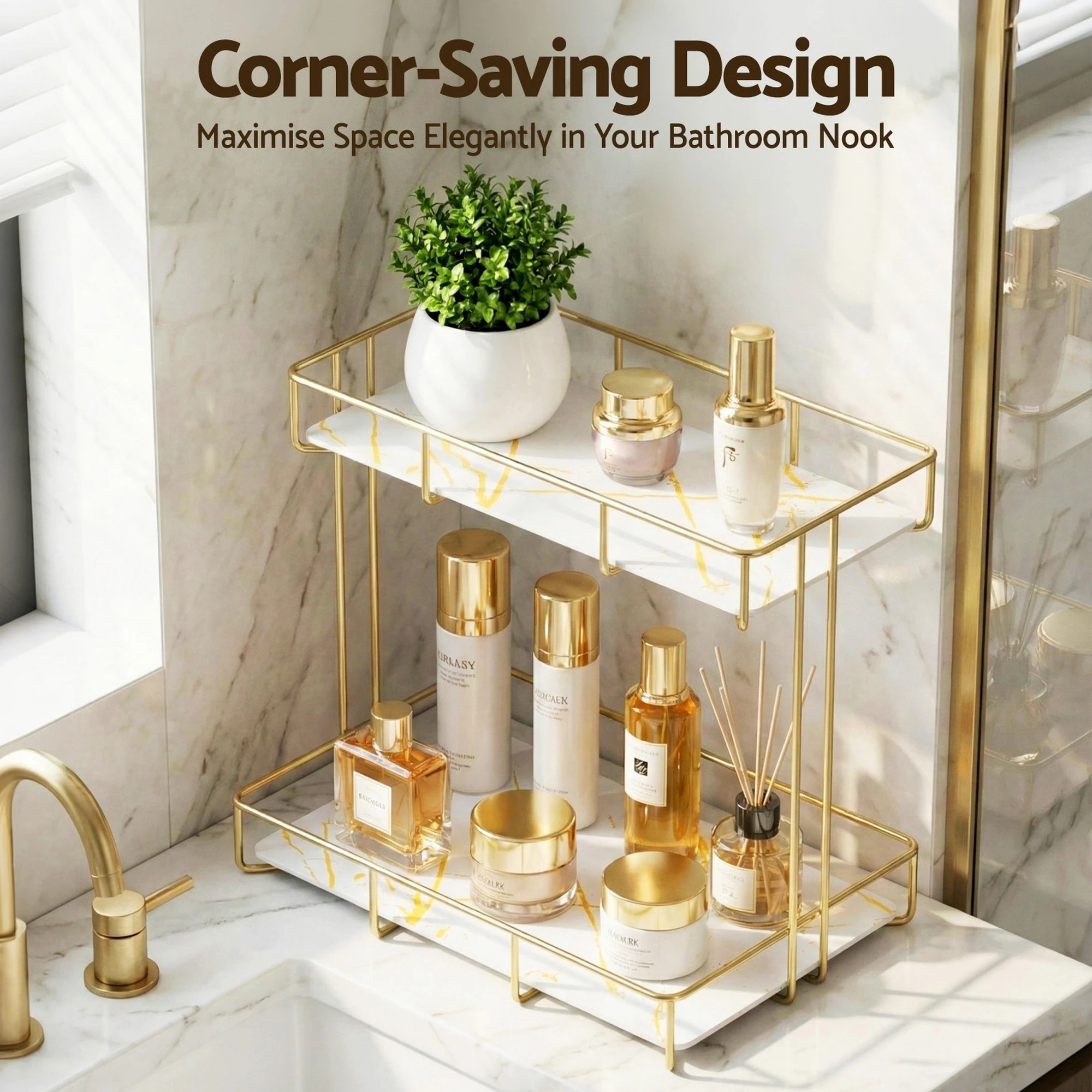 4 Artiss Bathroom Storage Rack 2 Tier Corner Organiser Gold Marble Look - Gold, 4 of 7