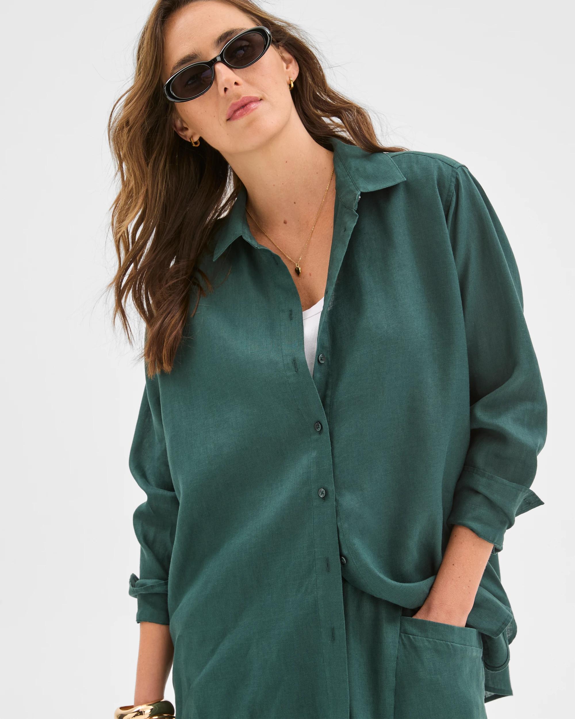 1 Target European Linen Long Sleeve Shirt DEEP GREEN, 1 of 6