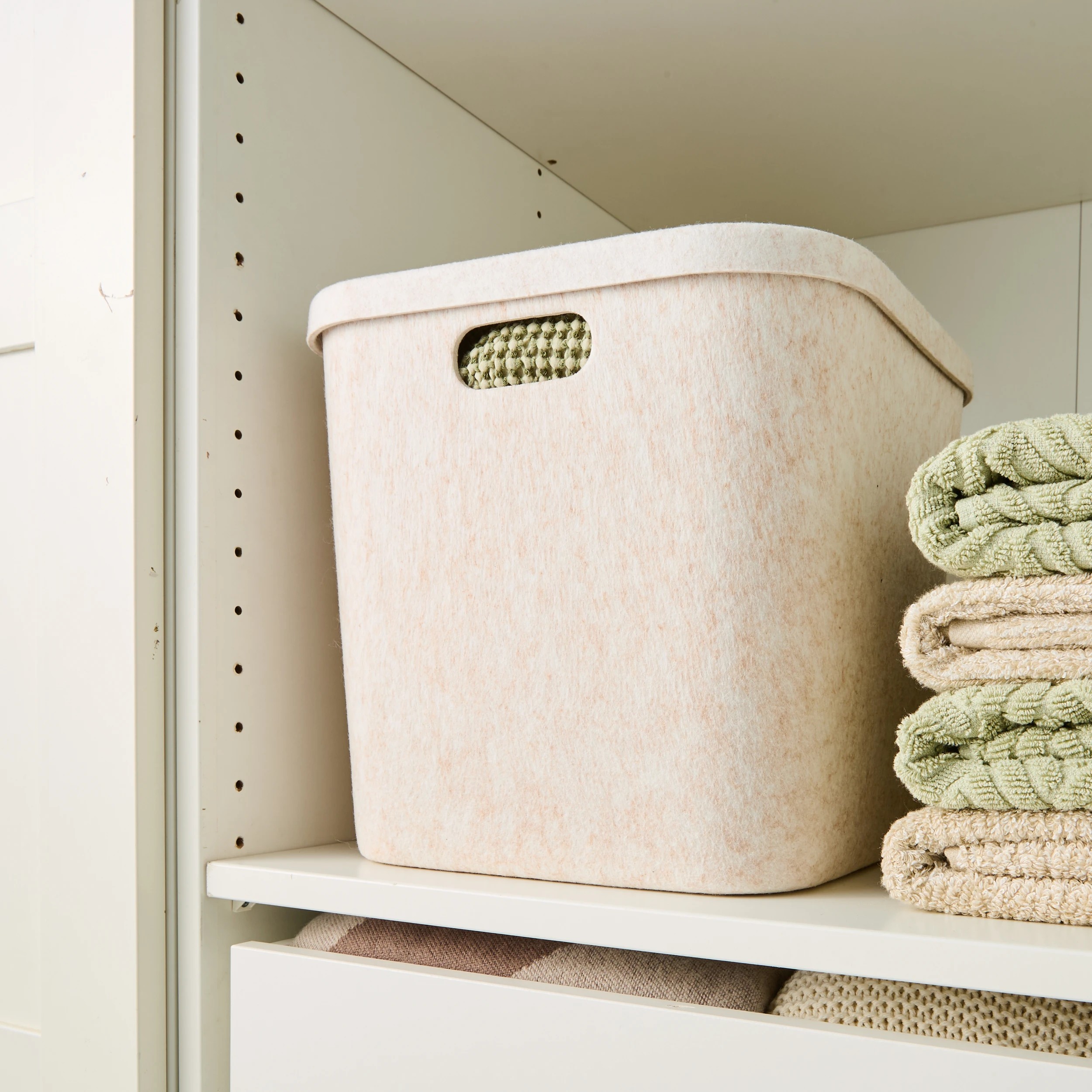 1 Square Felt Basket with Lid - Beige, 1 of 9