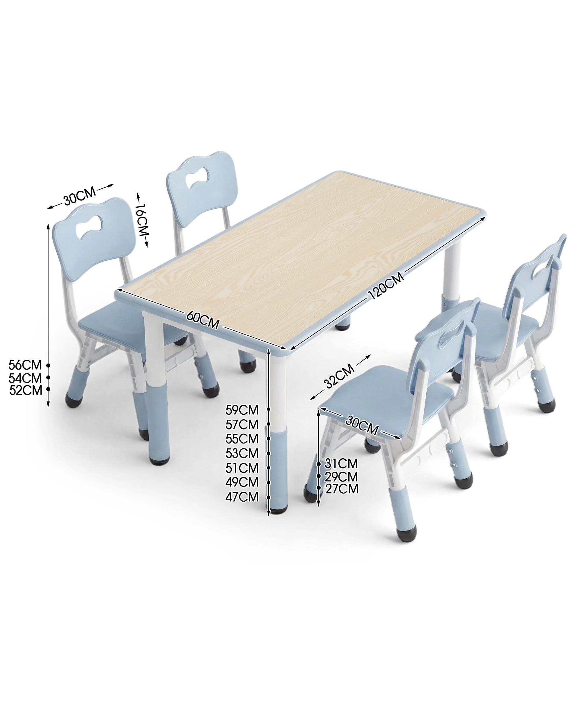 5 PlayPals Kids Table and 4 Chairs Set Height Adjustable Graffiti 120x60cm Blue, 5 of 6