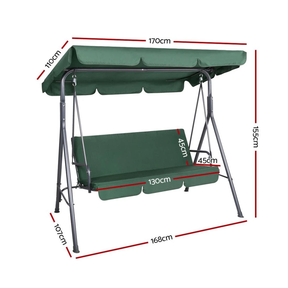 3 Gardeon Outdoor Swing Chair Garden Bench Furniture Canopy 3 Seater - Green, 3 of 7