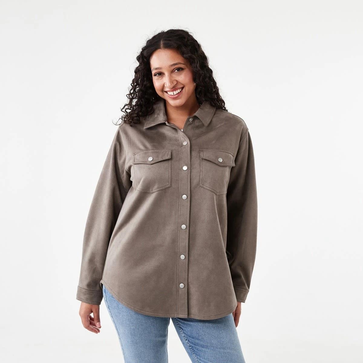 2 Long Sleeve Suedette Shirt Taupe Brn, 2 of 8