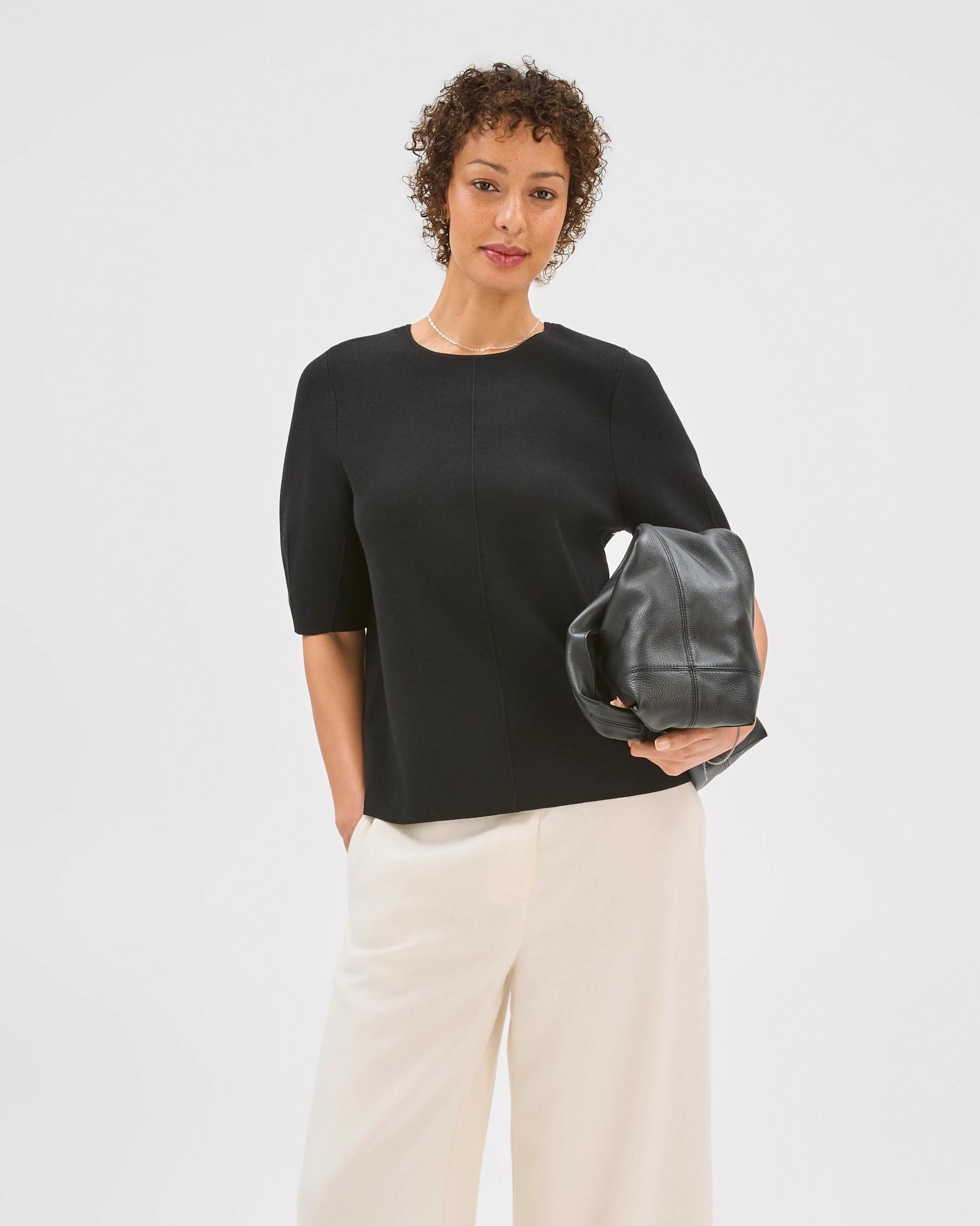 4 Preview Lantern Short Sleeve Crepe Knit Top BLACK, 4 of 7