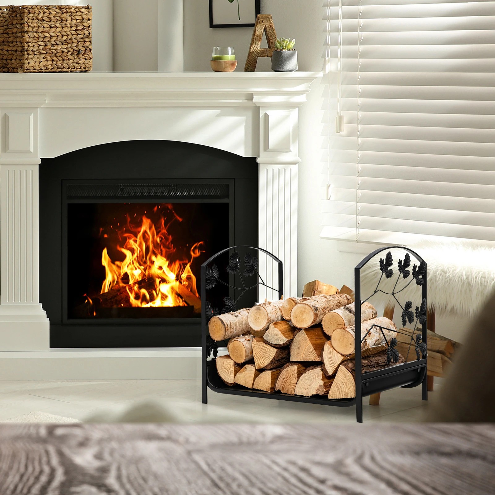 2 Costway Firewood Storage Rack Steel Fire Wood Organiser - Black, 2 of 3