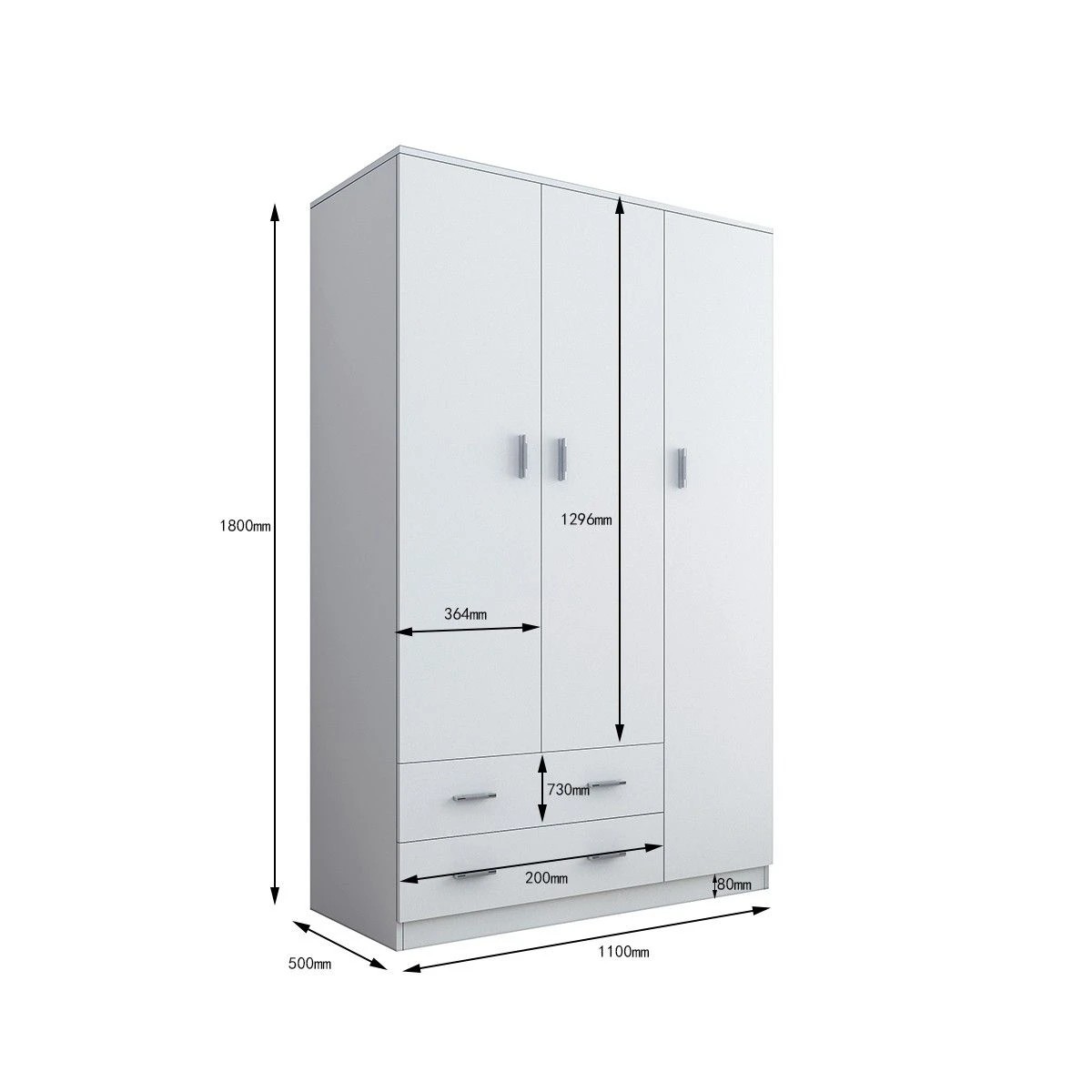 6 AUSWAY White Wardrobe Cabinet Wood Bedroom Clothes Storage Organiser Cupboard 3 Doors 2 Drawers, 6 of 7