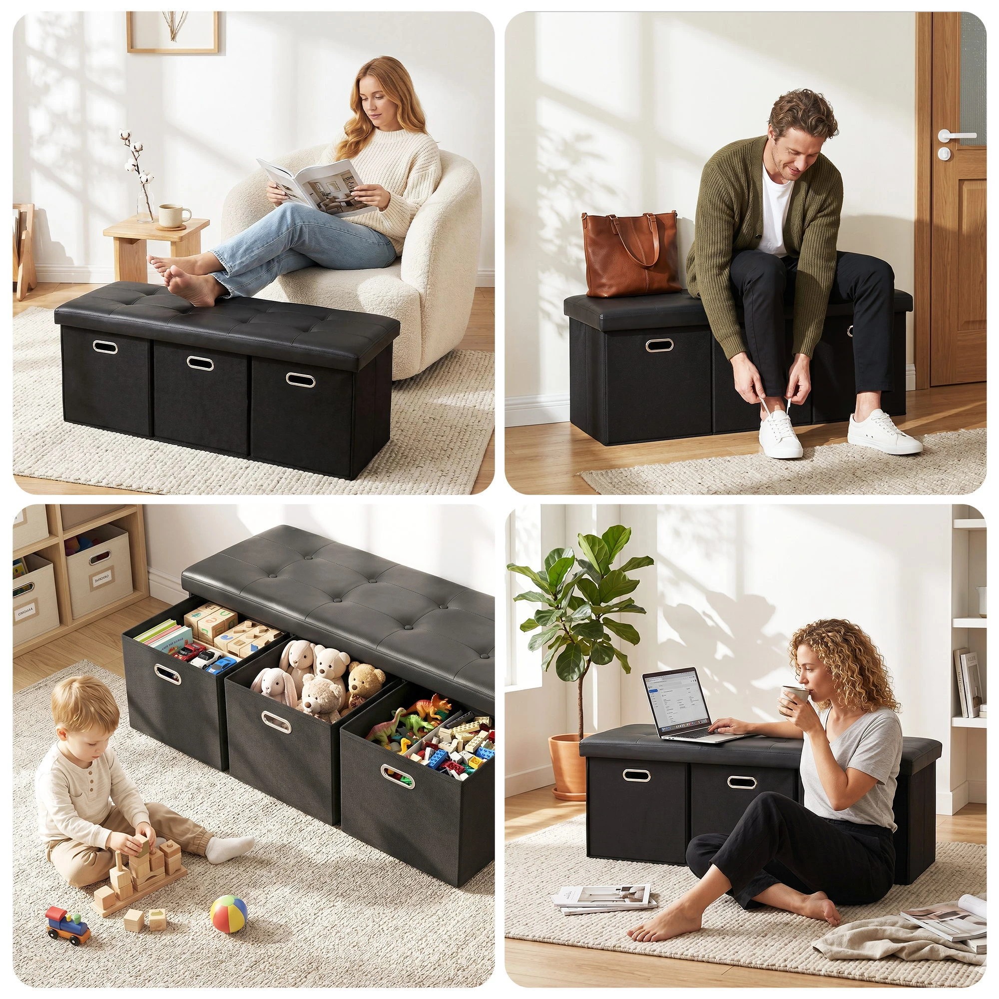 6 Artiss Storage Ottoman with 3 Cube Drawers Foot Stool Rest Foldable - Black, 6 of 7